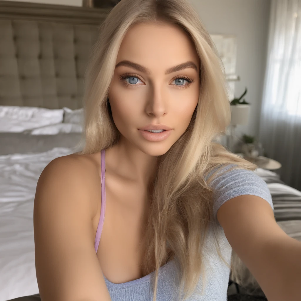 arafed woman with matching tank top and panties, long blonde hair, sexy girl with blue eyes, portrait sophie mudd, blonde hair and large eyes, selfie of a young woman, bedroom eyes, violet myers, without makeup, natural makeup, looking directly at the camera, face with artgram, subtle makeup, stunning full body shot, in bedroom, cleavage