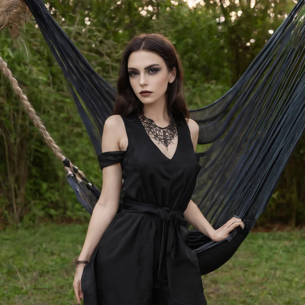 Girl with symbolic clothes of gothic hammock, 。.com (Arame farpado do corpo) cabelos morenos，Extremidades dos cabelos grisalhos