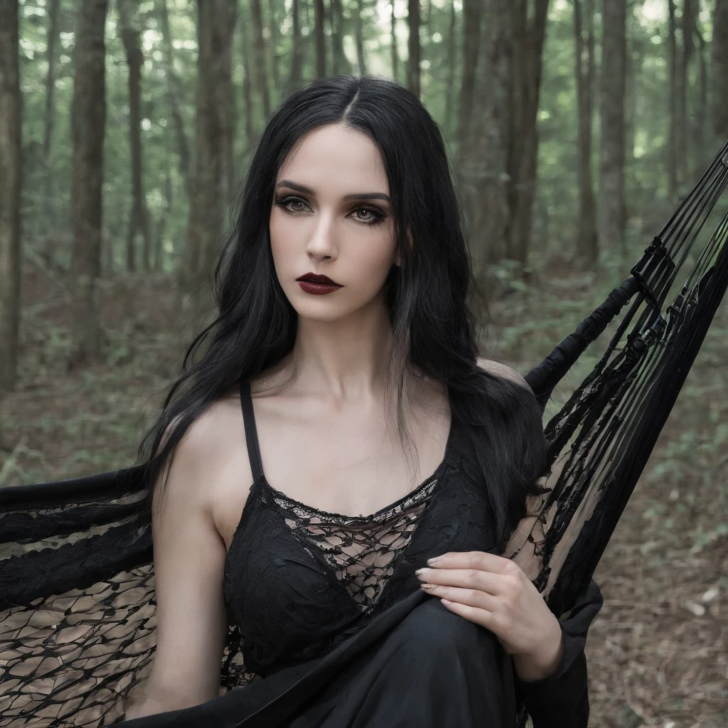Girl with symbolic clothes of gothic hammock, 。.com (Arame farpado do corpo) cabelos morenos,Extremidades dos cabelos grisalhos