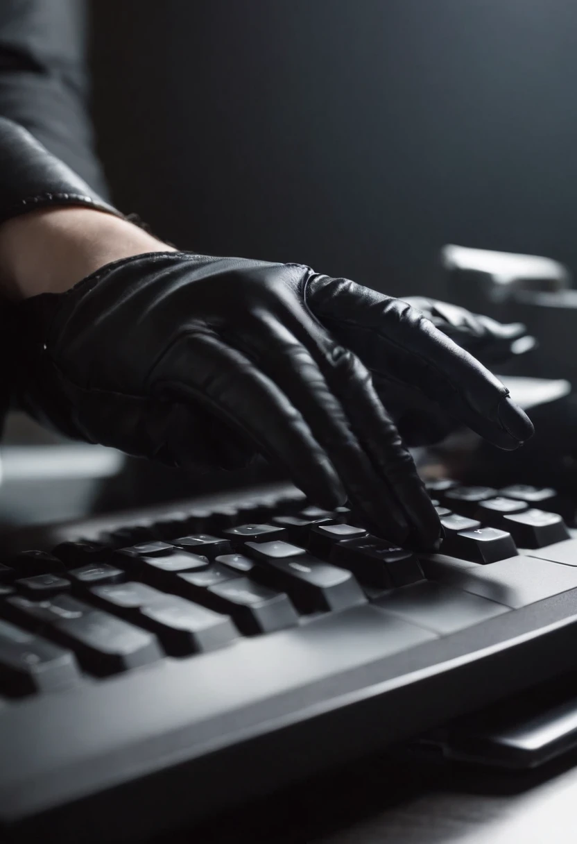 A woman wearing black leather gloves in both hands Upper body Black business suit Facing the desk in her room with a computer in the dark, tapping the keyboard keys of the computer with the fingertips of the black leather gloves while looking at the screen (black leather gloves cover both hands) (angle is in the front) (close-up of the hand of the black leather gloves tapping the keyboard key)