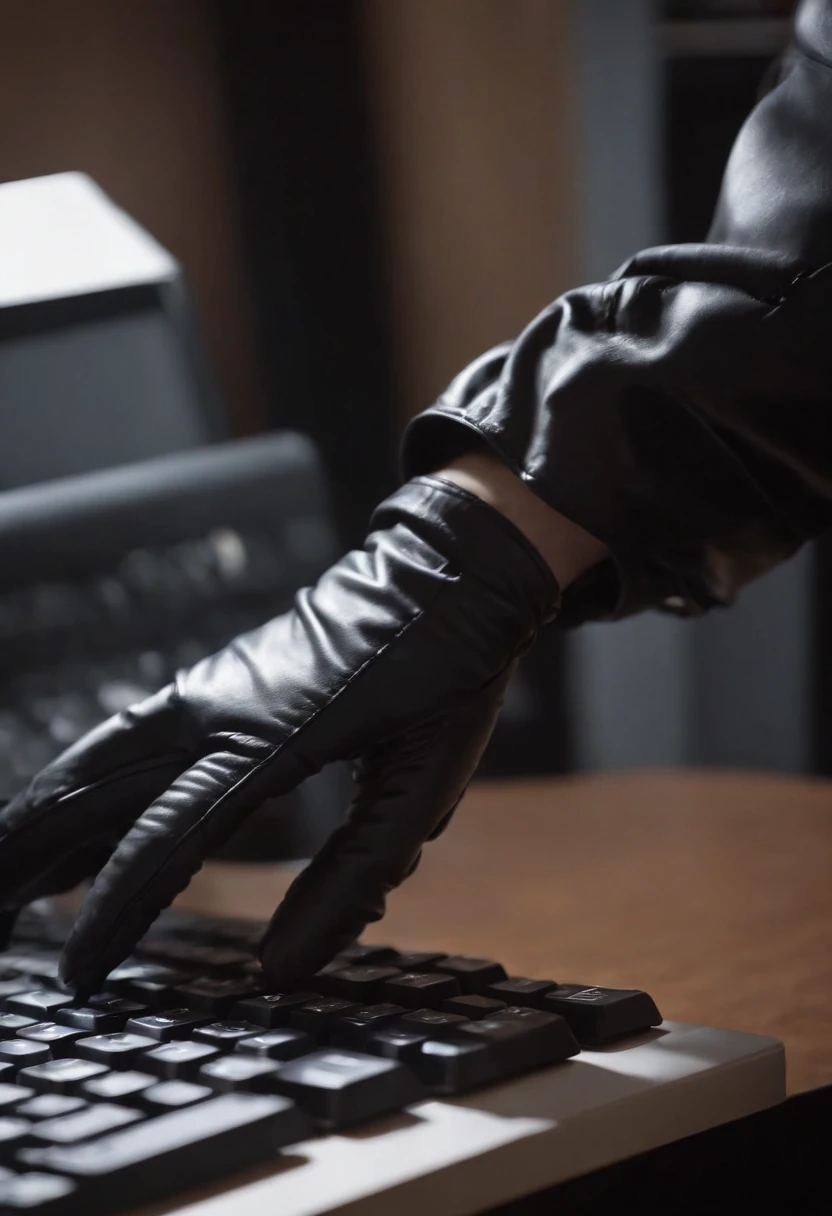 A woman wearing black leather gloves in both hands Upper body Black business suit Facing the desk in her room with a computer in the dark, tapping the keyboard keys of the computer with the fingertips of the black leather gloves while looking at the screen (black leather gloves cover both hands) (angle is in the front) (close-up of the hand of the black leather gloves tapping the keyboard key)