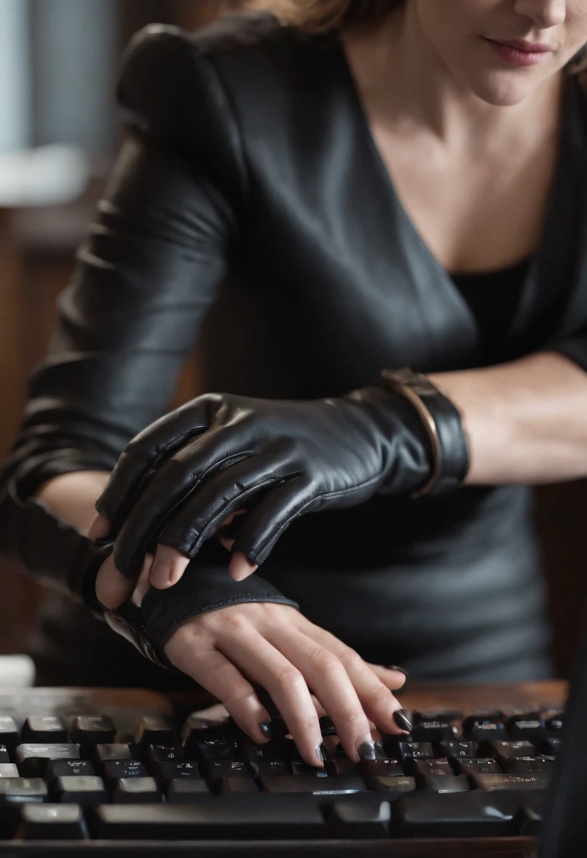 A woman wearing black leather gloves in both hands Upper body Black business suit Facing the desk in her room with a computer in the dark, tapping the keyboard keys of the computer with the fingertips of the black leather gloves while looking at the screen (black leather gloves cover both hands) (angle is in the front) (close-up of the hand of the black leather gloves tapping the keyboard key)