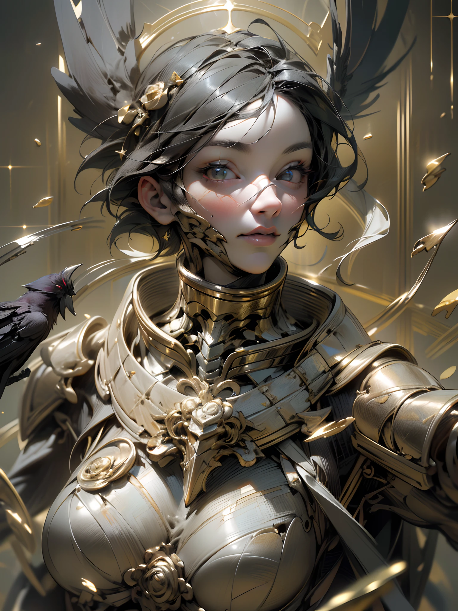 skeleton knight, greatsword, master piece, best quality, realistic epic, (black_marbled), (Blackwing: 1.3), intricate details, intricate patterns, golden dust, floating (golden cloth), detailed texture, broken glass, Light Divine, (((raven)), Golden Rose, gold foil, motion blur, depth of field, hologram, (medium breasts: 1.3), (realism:1.5), (Realisitc:1.4), (Absurdity:1.4 ), 8k, ultra-detailed, Beautiful girl detailed, (only 1:1.4), 1girl, (Viewer facing:1.2), (Bright sunny day: 1.5), Intricate body details, (short:1.3), ( best quality: 1.0), (Ultra Highres) : 1.0), highly detailed face and eyes, (photorealistic: 1.2)