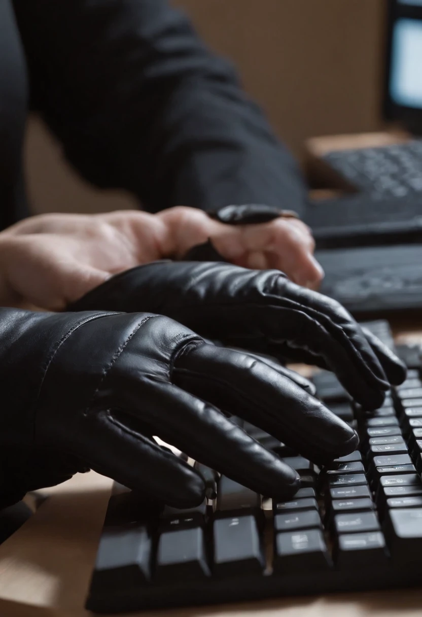 A woman wearing black leather gloves in both hands Upper body Black business suit Facing the desk in her room with a computer in the dark, tapping the keyboard keys of the computer with the fingertips of the black leather gloves while looking at the screen (black leather gloves cover both hands) (angle is in the front) (close-up of the hand of the black leather gloves tapping the keyboard key)