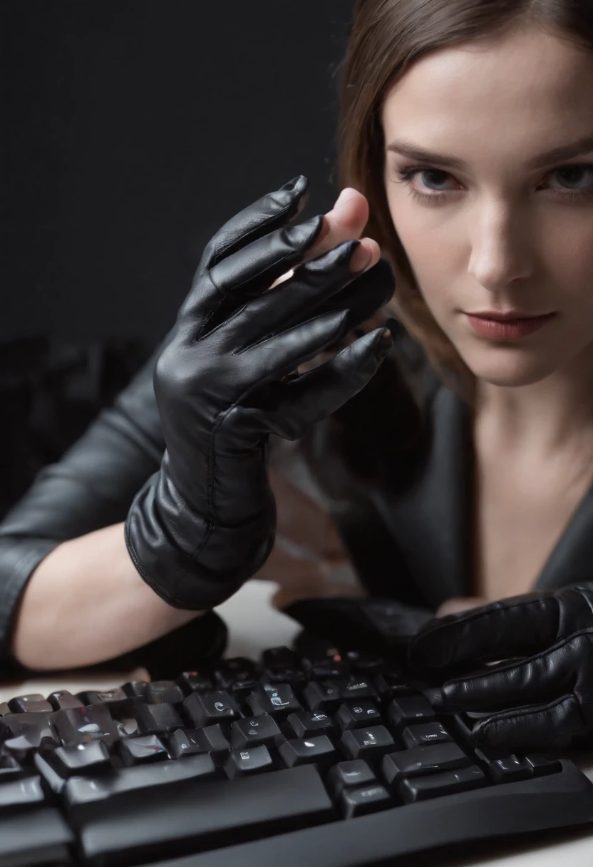 photo portrait of a young chubby Russian girl 22 years old, corneal reflections, Detailed leather texture, lump on the skin, fuzz on the skin, Fluffy hair, medium length brown tousled hair just below the shoulders (rebellious late 80s hairstyle), amber eyes, glasses with lenses in black frames, looking into the eyes of the viewer, leather apron, muscular arms, Graceful fingers, in a hospital room(Morgue), a dark room, depth of field, backlight
