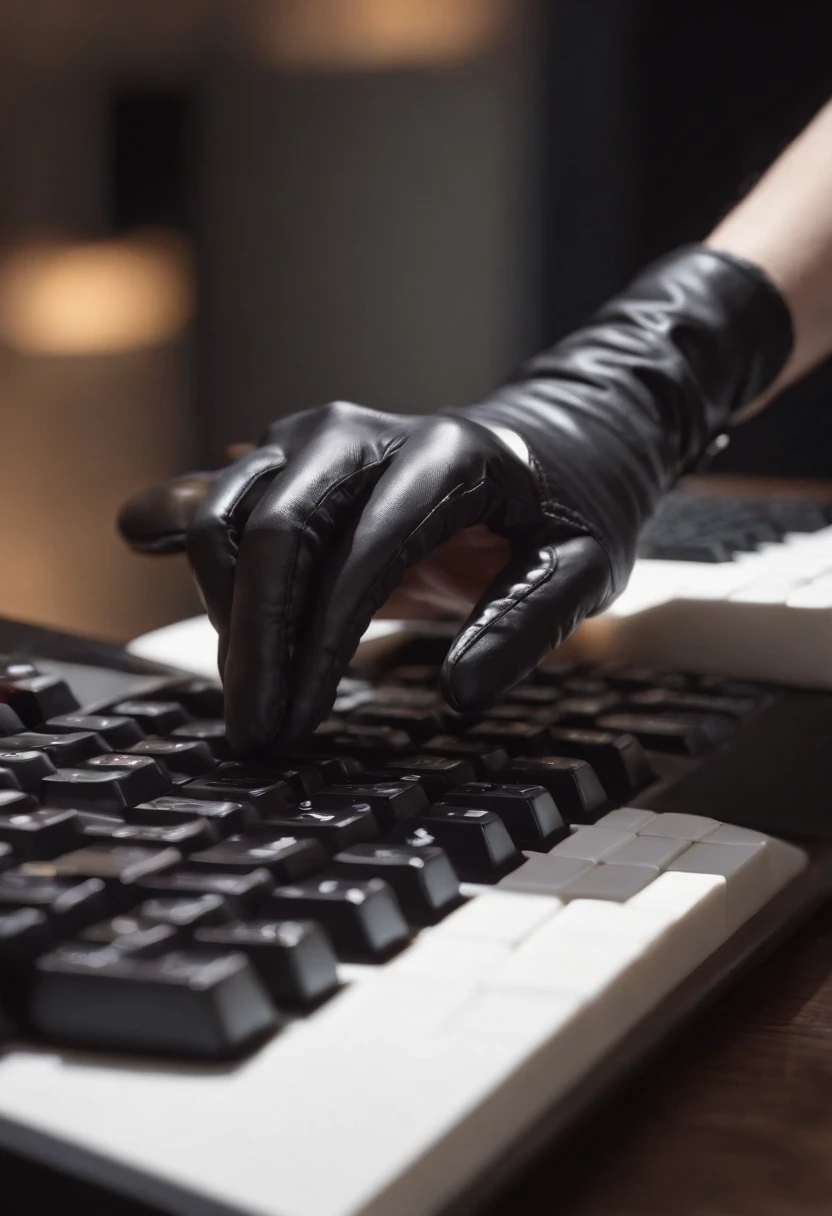 A woman wearing black leather gloves in both hands Upper body Black business suit Facing the desk in her room with a computer in the dark, tapping the keyboard keys of the computer with the fingertips of the black leather gloves while looking at the screen (black leather gloves cover both hands) (angle is in the front) (close-up of the hand of the black leather gloves tapping the keyboard key)
