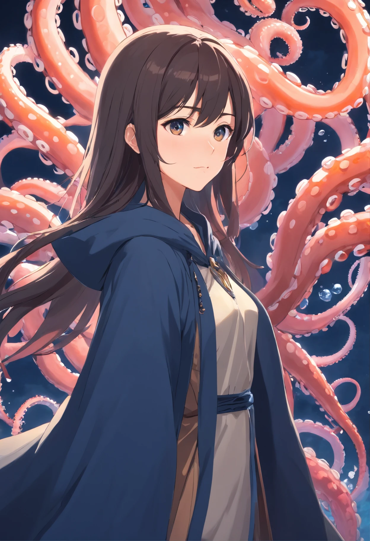 [tmasterpiece，Best quality，cinematic Film still from，HD animation，Realistic style，Amazing，Dark feeling，1 beautiful woman，extreme eye detail，The ultimate semi-long hair detail，23years old，Solo，(Perfect for women's upper body:0.8)，(Wearing a European medieval dress and an open robe with a hood:0.9)，(Bigboobs:0.8)::0.8]，[Pitch black background，standing at(A large group of smooth tentacles:1.0)in front，Smooth spotted tentacles，Densely large tentacles，(There are dense clusters of small tentacles on the tentacles:0.8)::0.7]
