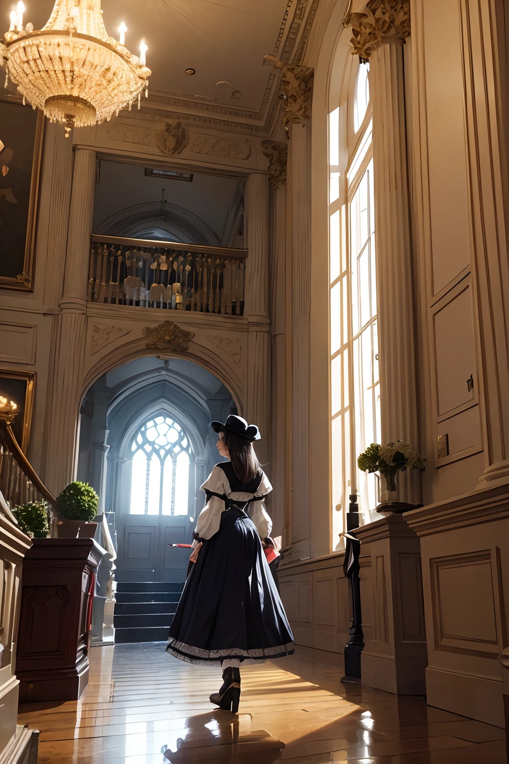 girl stepping up a victoran stair (Victorian manor) (foyer) wide view, girl uping the stailr, her back to camera