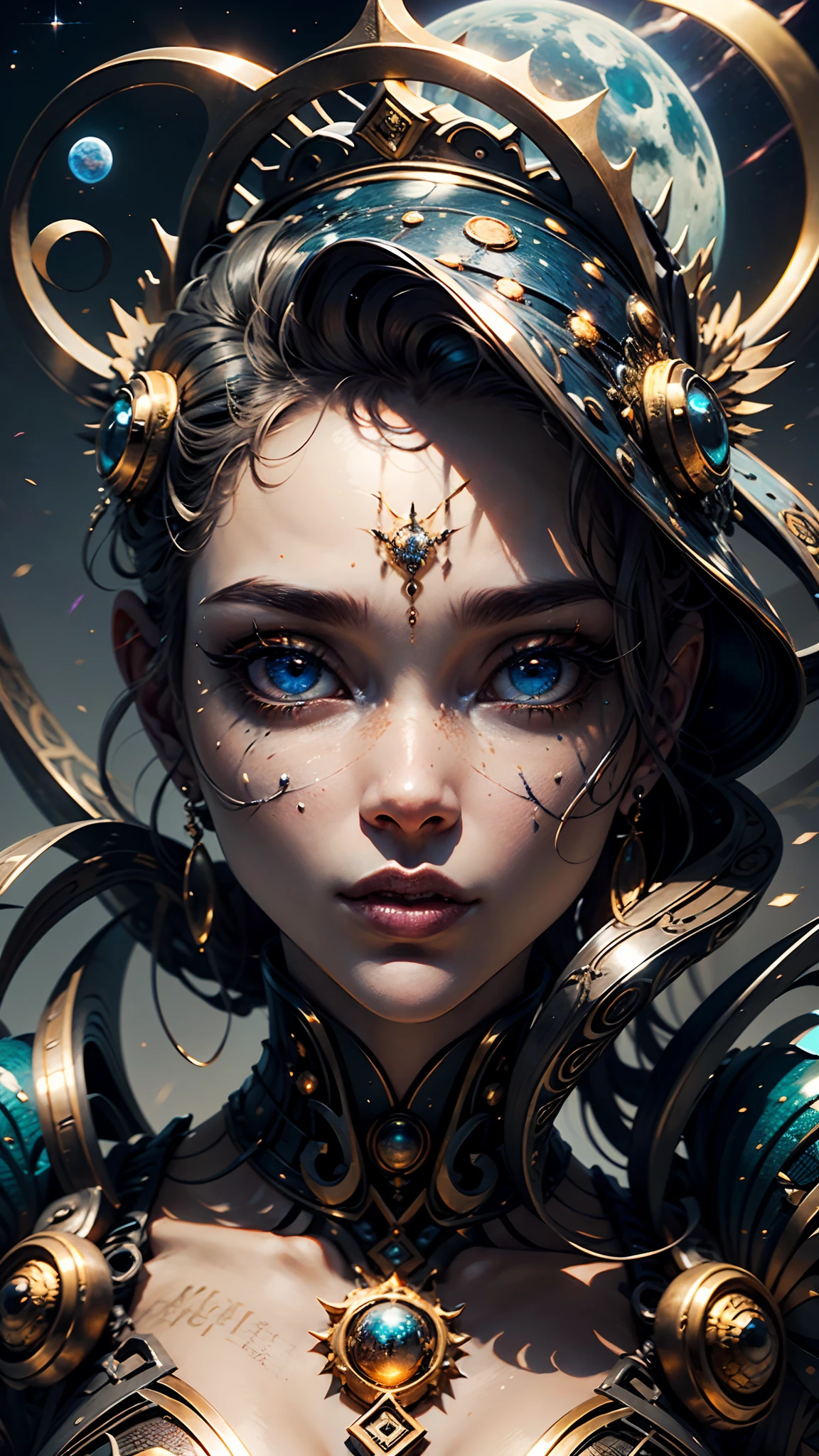 （melhor qualidade，Ultra - Detalhado，best illustration，Melhor sombra，tmasterpiece，A high resolution，ProfissionalArtwork，obras de arte famosas），Olhos detalhados，Olhos belos，clivagem em close-up，scientific fiction，esclera colorida，robot eyes，marcas faciais，Tatuado com，（fractalizado，olhos fractais），olhos grandes，olhos arregalados，（foco ocular），Foco Sface，Cosmic eyes，Olhos espaciais，Close-up da escultura de metal de uma mulher com uma lua em seu cabelo，deusas。Detalhe extremamente alto，Retrato da deusa 3D，Imagens extremamente detalhadas da deusa，Um retrato impressionante de uma deusa，Imagem lateral da deusa，Retrato de uma bela deusa，Retrato em close-up de corpo inteiro da deusa，hecate goddess，portrait of a norse moon goddess，goddess of space and time