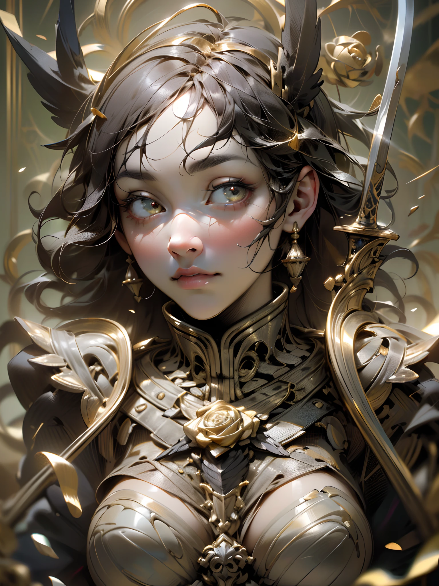 skeleton knight, greatsword, master piece, best quality, realistic epic, (black_marbled), (Blackwing: 1.3), intricate details, intricate patterns, golden dust, floating (golden cloth), detailed texture, broken glass, Light Divine, (((raven)), Golden Rose, gold foil, motion blur, depth of field, hologram, (medium breasts: 1.3), (realism:1.5), (Realisitc:1.4), (Absurdity:1.4 ), 8k, ultra-detailed, Beautiful girl detailed, (only 1:1.4), 1girl, (Viewer facing:1.2), (Bright sunny day: 1.5), Intricate body details, (short:1.3), ( best quality: 1.0), (Ultra Highres) : 1.0), highly detailed face and eyes, (photorealistic: 1.2)
