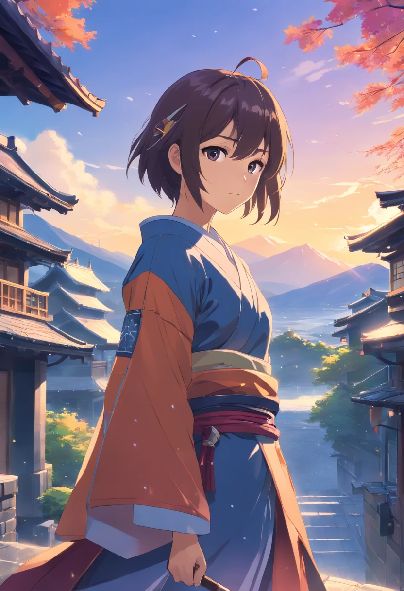 Masterpiece, top quality, high resolution, solo, mahokenshi inspired, a woman, safirai house samurai armor, defense masters, hyper detailed, sexy Japanese armor, silver and purple details, ice spike armor, perfect hands, beautiful artwork, master quality, best shadows, lighting highlighting the character, in a Japanese sapphire house village in the mountains