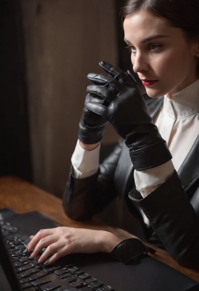 A woman wearing black leather gloves in both hands, upper body, black business suit, facing the desk in her room with a computer in the dark, tapping the keys of the computer keyboard with the fingertips of black leather gloves while looking at the screen (black leather gloves cover both hands) (angle is in the front) (close-up of both hands of women in black leather gloves tapping the keyboard