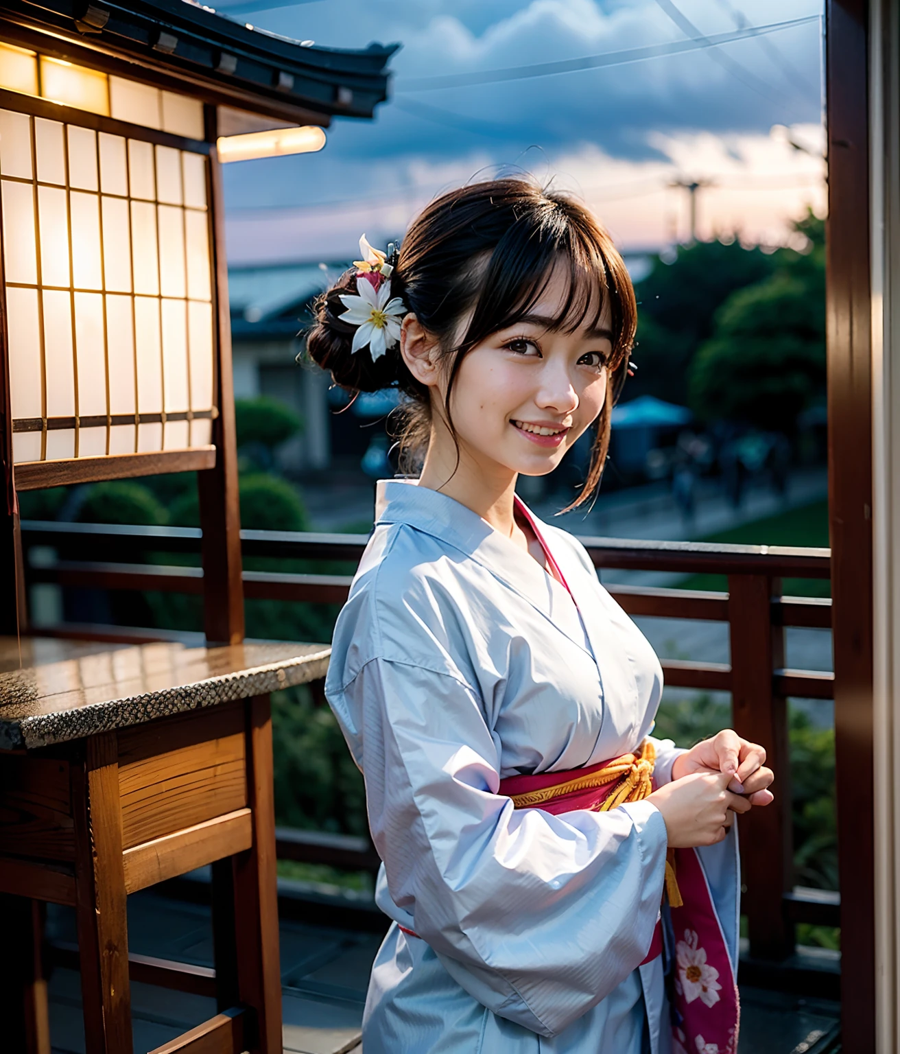 japanse、Festival of Japan、Japan festival、food stand、Wearing a colorful yukata、The head is neatly tied、hair adornments、Happy face、Photorealsitic、depth of fields、女の子1人、The girl is backlit、Clouds in the sky、Cloudy weather、Holding a fan in your hand、