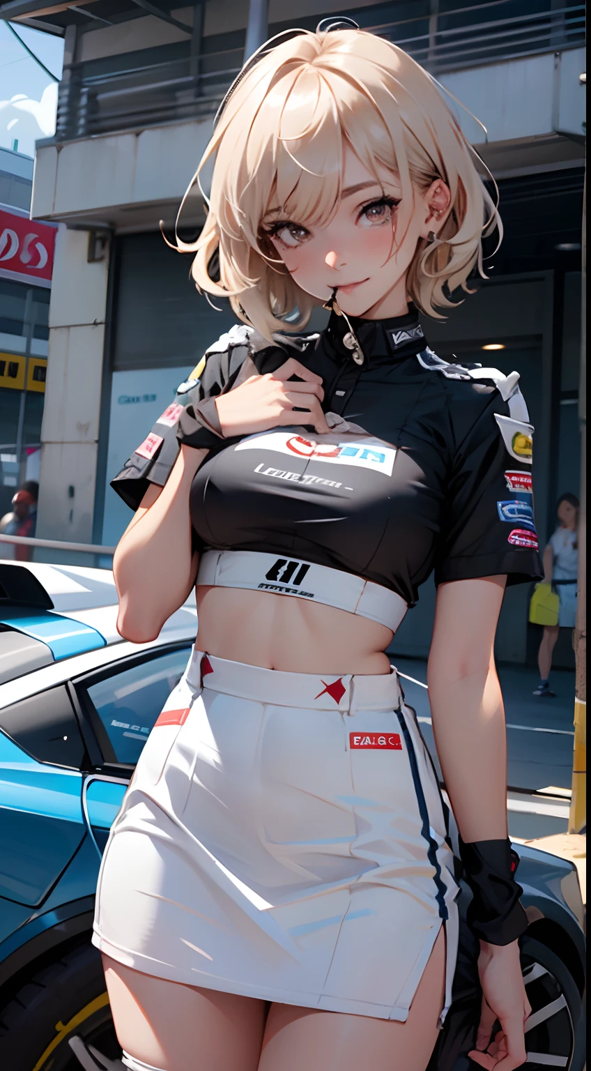 (masutepiece, Best Quality:1.5), (Bluish-purple theme:1.2), (fine lines, Particle:1.6), Upper body, 8K, absurderes, tight outfit, close up of face, thighs thighs thighs thighs, Delicate girl, Violet crop top, Sleeveless, Violet skirt, Cinch West, From below, arching back down, Shiny skin, (Standing, Looking at Viewer, zora々Right, , digital anime:0.8), (Edge lighting, highest details, ighly detailed, ultra-detailliert, finely detail:0.8), [:Detailed face and eyes:10], (Lesh pink eyes:1.2), 细致背景, (Dull bluish purple background:1.5), (a sultry:1.6), neon , crowd、audience, Race Queen、Formila Car、Cream yellow hair color、skin tanned、shorth hair、