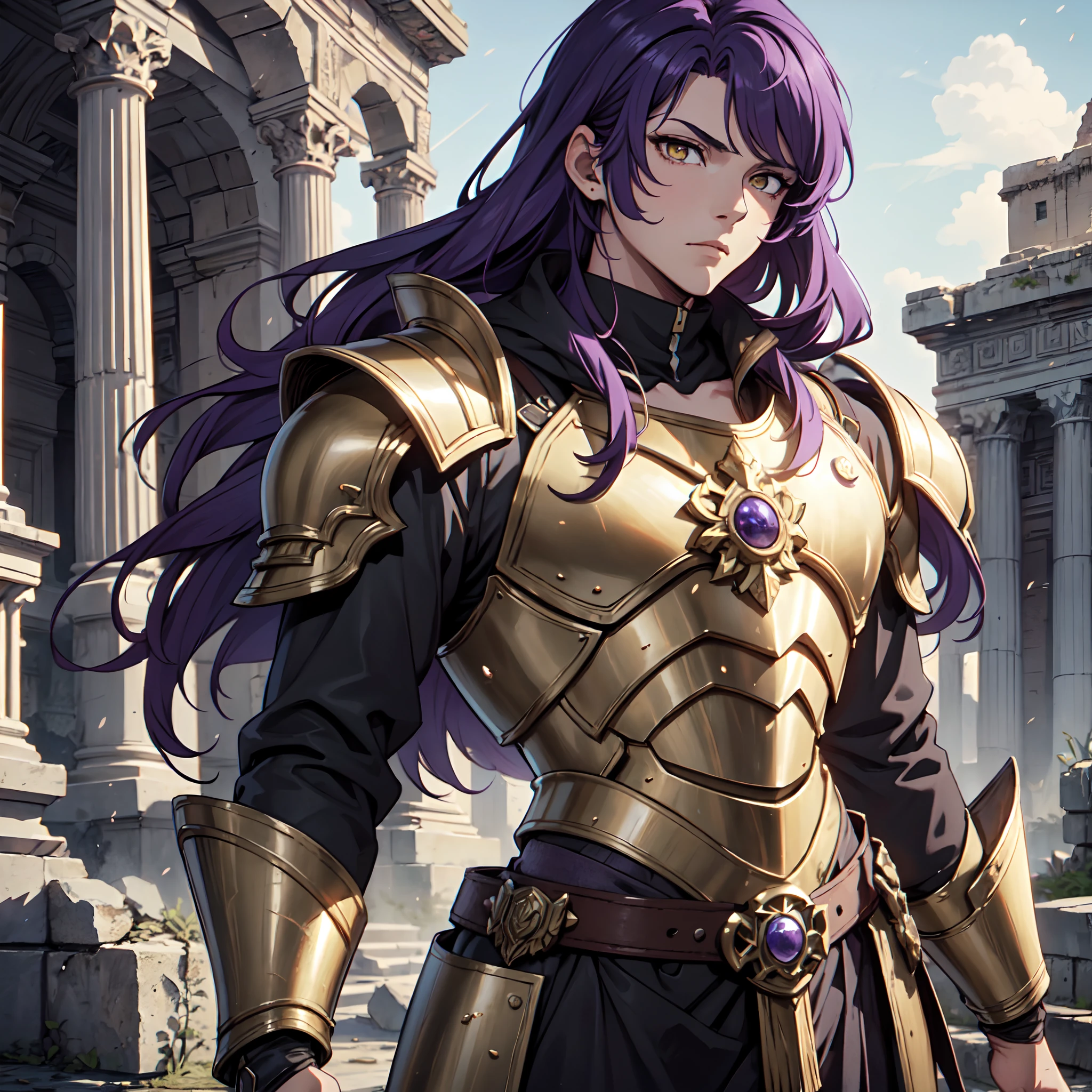 Ultra High Definition,
Ultra High Quality,
Hyper Definition,
Hyper Quality,
Hyper Detailed,
Extremely Detailed,
Perfectly Detailed,
Masterpiece,
8k,
1 Boy,
Anime,
Long Purple Hair,
Under Cut Hairstyle,
Solid Yellow Eyes,
Handsome,
Armored With Roman Emperor Armor,
Body Shot,
Ancient Roman Empire Ruins Background,