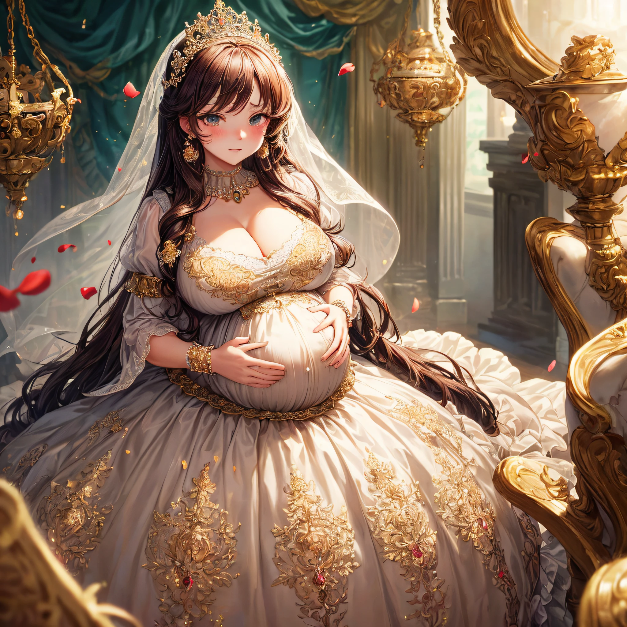 (masterpiece, best quality,extremely detailed:1.1),(moe anime art style:1.2),1girl,((full body,focus face)),((solo)), cute, kawaii,digital art,((1 bling-bling pregnant princess wearing beautiful embroidery and jeweled gorgeous rococo ballgown with jeweled voluminous full length hoop skirt)),(((heavily pregnant))),very big pregnant belly,((crinoline)),long train,voluminous frills,See-through,(gorgeous embroidery and beautiful lace),((very gigantic boobs,skindentation)),cleavage,shiny hair,(((very long hair))),((embarrassed)),anguish,((finely detailed face and eyes)),clear pupil,extremely gorgeousfull hair ornament,(bling-bling jeweled extremely gorgeousfull tiara),(bling-bling gorgeous gemstone jewelry),long veil,beautiful background,fantasy background,flowers,flower petals flowing,full body,((beautiful embroidery and jeweled ruffled gorgeous rococo ballgown with voluminous full length hoop skirt))