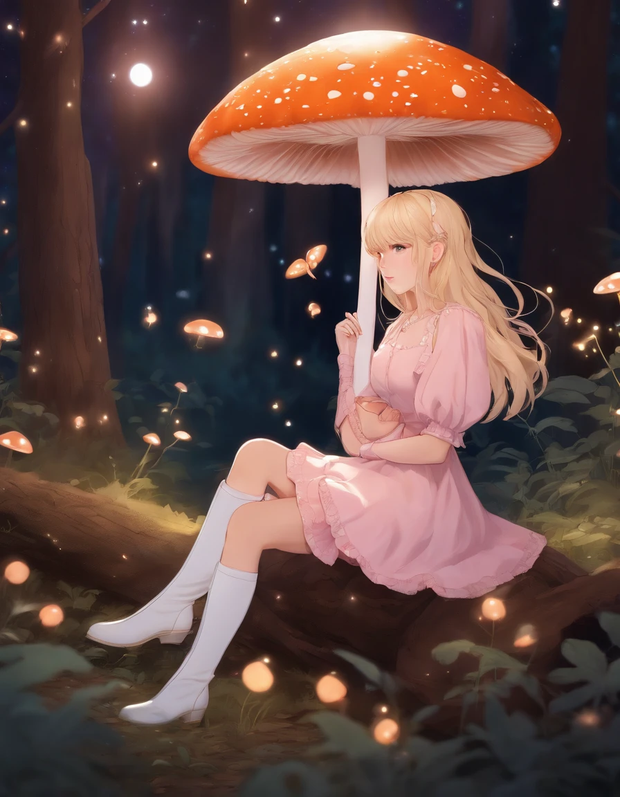 Light blonde-haired anime girl with pale blue purple eyes in a pink dress with puffed sleeves and white knee-length boots sitting in the woods next to an orange mushroom surrounded by fireflies under the starry sky sitting