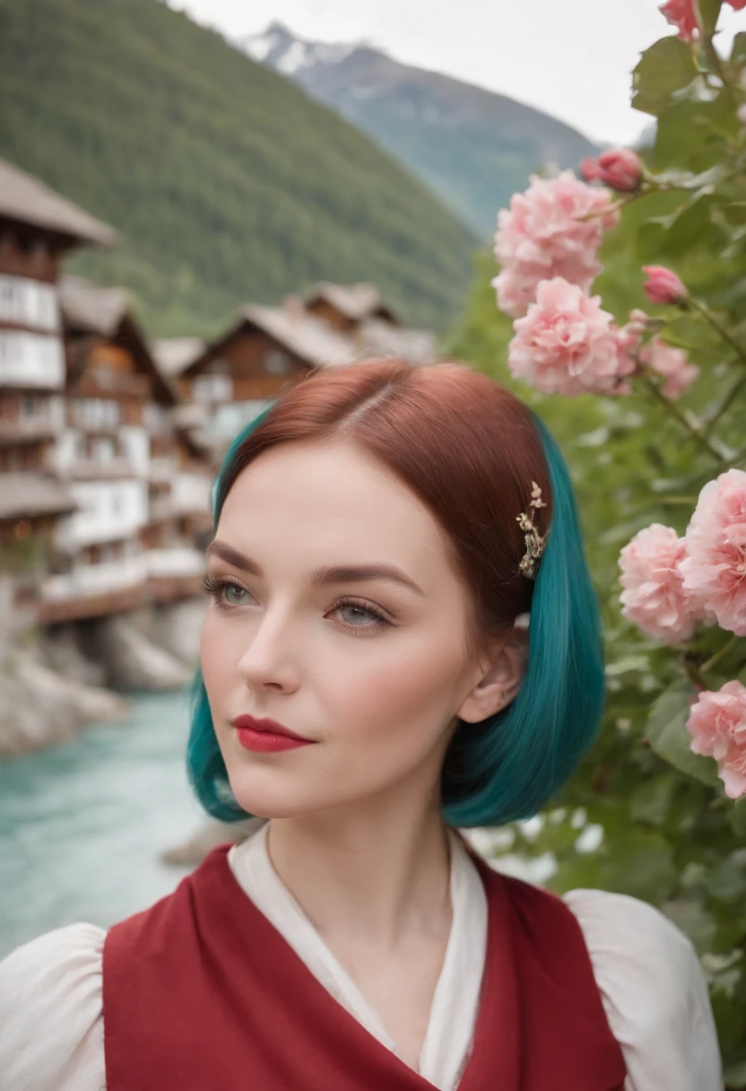 /create prompt:[Amidst the charming Swiss village of Zermatt, Victoria, a vision of elegance with her chic bob haircut, sports a traditional Swiss outfit with a modern twist that suits the tranquil springtime atmosphere. Her red hair adds a fiery contrast to the serene landscape, and a single rose nestled in her hair adds a touch of romance. She stands by the serene turquoise lake, surrounded by vibrant spring flowers. As a woman with roots in two European nations, she embodies elegance. The close-up portrait captures her in a whimsical pose, and a collectible Anime Manga character toy rests nearby. Shot on a Sony A1 with an 85mm F/1.4 lens at ISO 100, this 45-megapixel medium format image utilizes both flash and natural sunlight to create a mesmerizing atmosphere.]