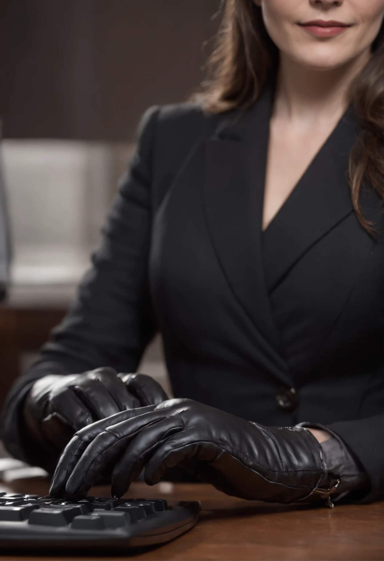 A woman wearing black leather gloves in both hands, upper body, black business suit, facing the desk in her room with a computer in the dark, tapping the keys of the computer keyboard with the fingertips of black leather gloves while looking at the screen (black leather gloves cover both hands) (angle is in the front) (close-up of both hands of women in black leather gloves tapping the keyboard