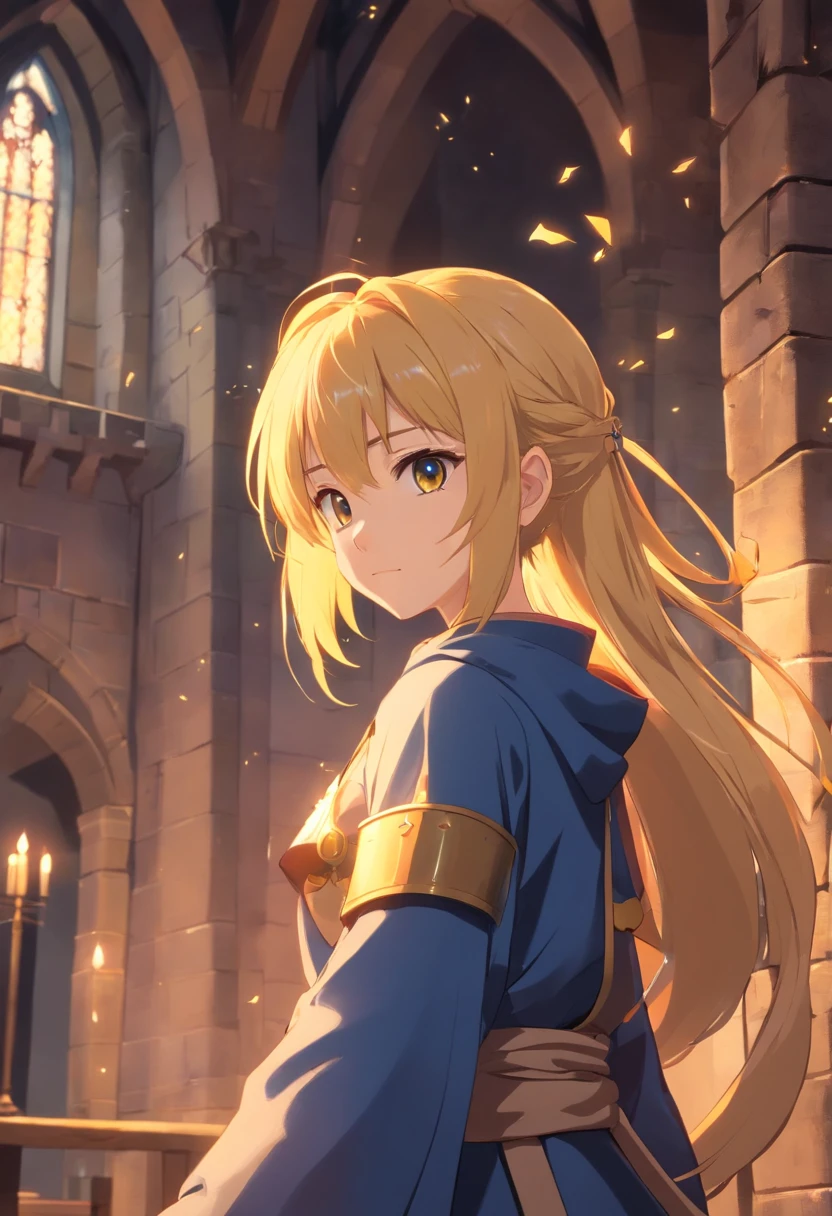 [tmasterpiece，Best quality，cinematic Film still from，HD animation，Realistic style，Amazing，Dark feeling，1 Loli girl with a faint smile，Yellow hair，(Double ponytail hairstyle:0.85)，(small boobs:0.6)，extreme eye detail，extreme hair detail，10years old，Solo，(The upper part of the body:0.8)，(Put on heavy knight armor and cloaks:0.9)::0.8]，[Stand inside a medieval castle in Europe::0.7]