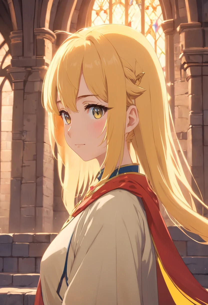 [tmasterpiece，Best quality，cinematic Film still from，HD animation，Realistic style，Amazing，Dark feeling，1 Loli girl with a faint smile，Yellow hair，(Double ponytail hairstyle:0.85)，(small boobs:0.6)，extreme eye detail，extreme hair detail，10years old，Solo，(The upper part of the body:0.8)，(Put on heavy knight armor and cloaks:0.9)::0.8]，[Stand inside a medieval castle in Europe::0.7]
