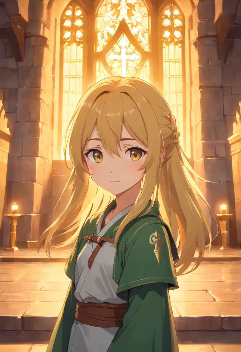 [tmasterpiece，Best quality，cinematic Film still from，HD animation，Realistic style，Amazing，Dark feeling，1 Loli girl with a faint smile，Yellow hair，(Double ponytail hairstyle:0.85)，(small boobs:0.6)，extreme eye detail，extreme hair detail，10years old，Solo，(The upper part of the body:0.8)，(Put on heavy knight armor and cloaks:0.9)::0.8]，[Stand inside a medieval castle in Europe::0.7]