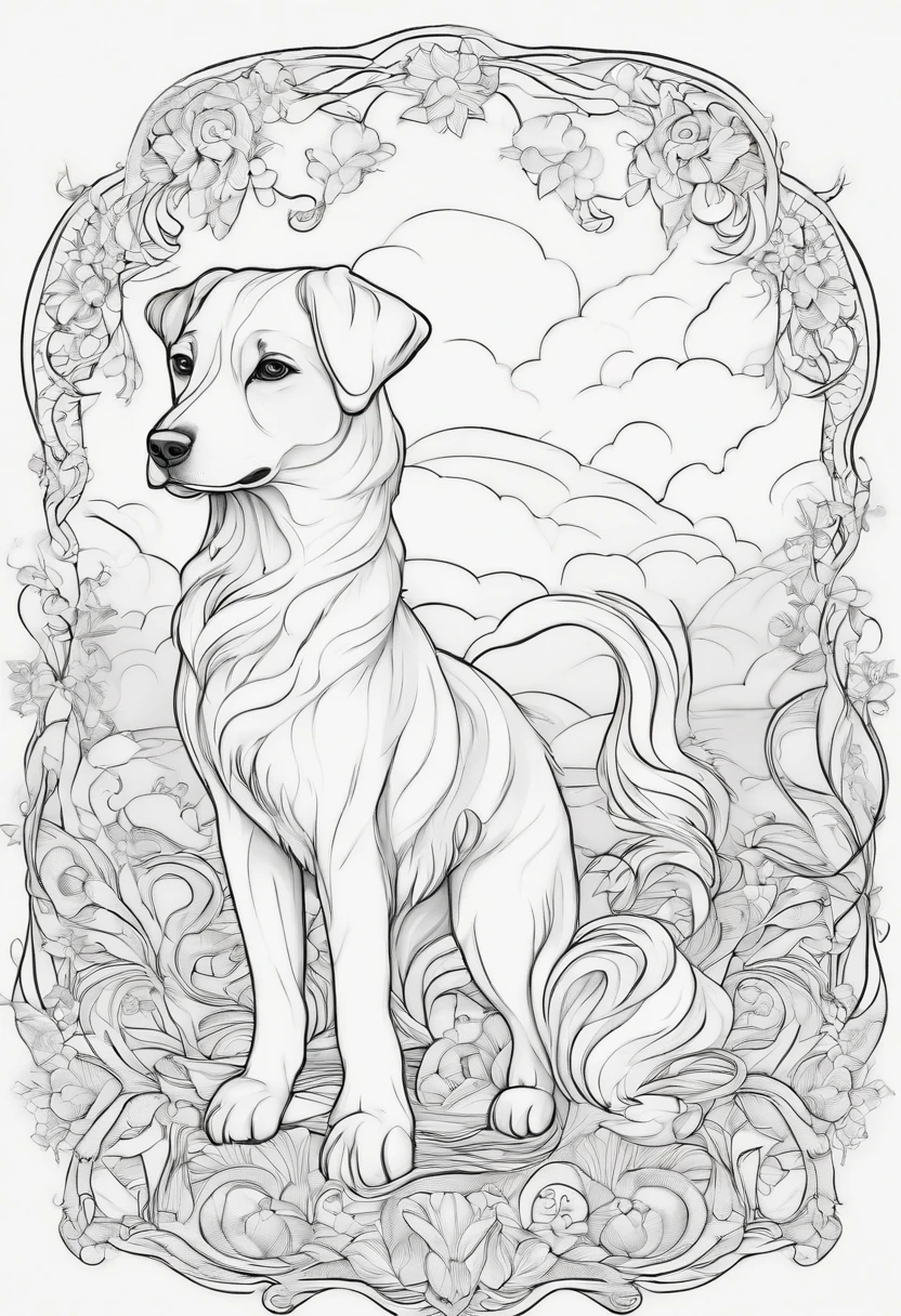 dog, kawaii style kitten, fantasy, magical, mystical, unusual, black and white, wavey lines, realistic line art drawing, coloring book page , no noise, crisp thick lines, outline art, centred image, isolated on a white background
