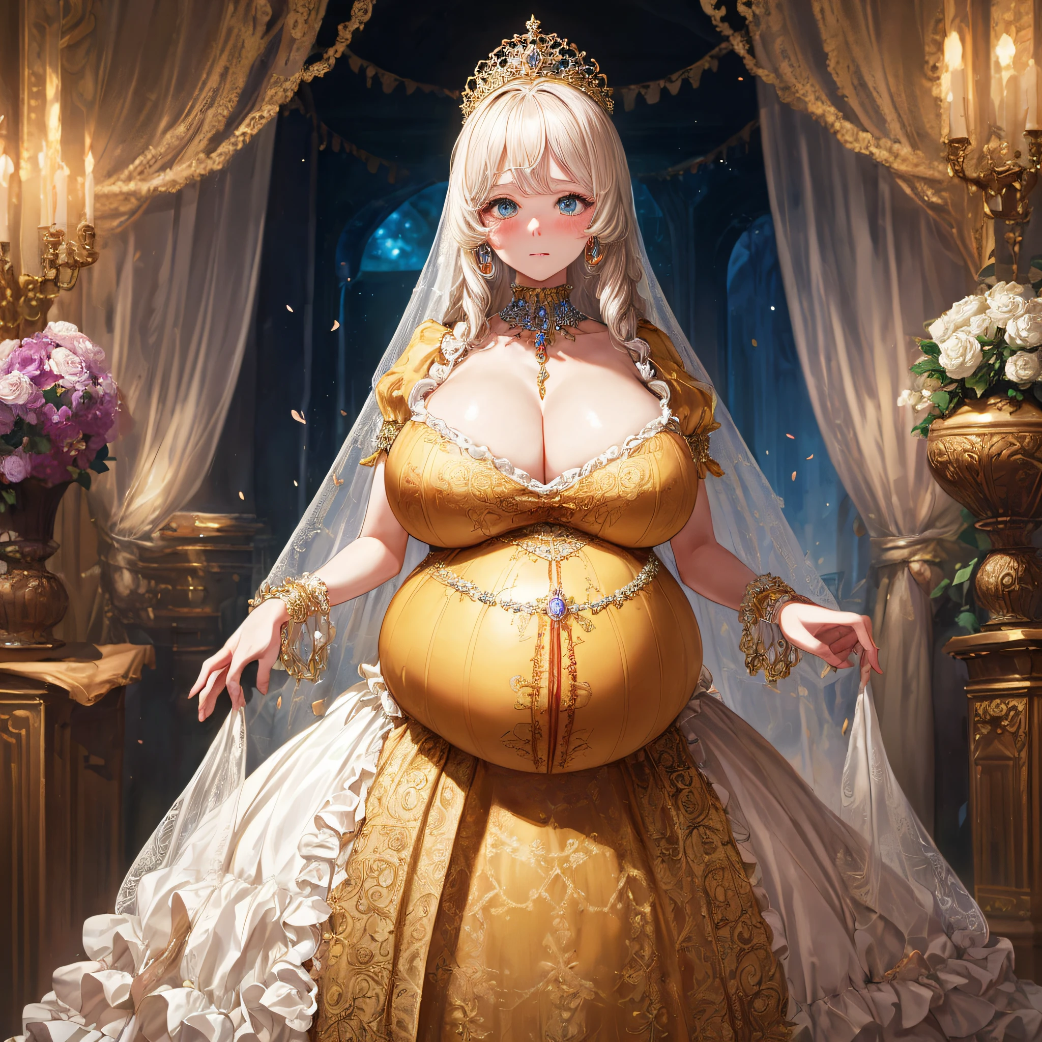 (masterpiece, best quality,extremely detailed:1.1),(moe anime art style:1.2),1girl,((full body,focus face)),((solo)), cute, kawaii,digital art,((1 bling-bling pregnant princess wearing beautiful embroidery and jeweled gorgeous rococo ballgown with jeweled voluminous full length hoop skirt)),(((heavily pregnant))),very big pregnant belly,((crinoline)),long train,voluminous frills,See-through,(gorgeous embroidery and beautiful lace),((very gigantic boobs,skindentation)),cleavage,shiny hair,(((very long hair))),((embarrassed)),anguish,((finely detailed face and eyes)),clear pupil,extremely gorgeousfull hair ornament,(bling-bling jeweled extremely gorgeousfull tiara),(bling-bling gorgeous gemstone jewelry),long veil,beautiful background,fantasy background,flowers,flower petals flowing,full body,((beautiful embroidery and jeweled ruffled gorgeous rococo ballgown with voluminous full length hoop skirt))