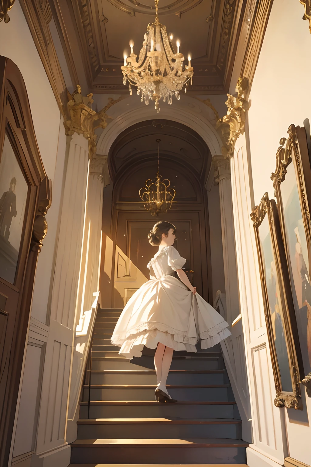 girl stepping up a victoran stair (Victorian manor) (foyer) wide view, girl uping the stair, her back to camera