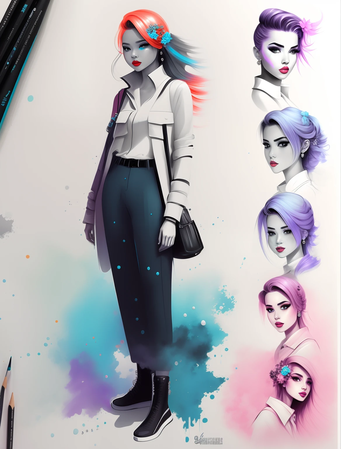 Drawing in black, white and cyan. Splashes, sketchy style