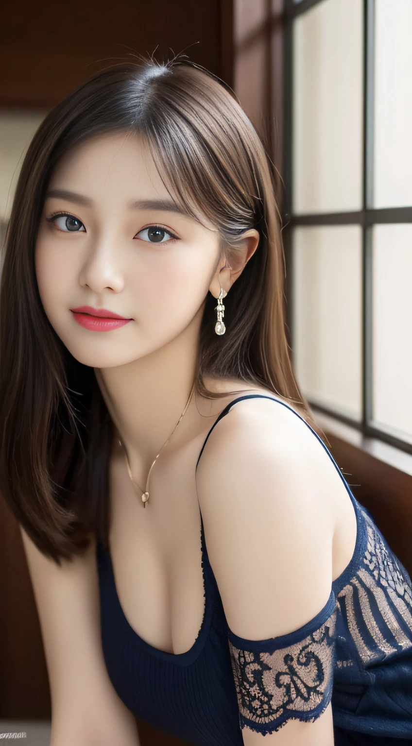 beautiful eye,(beautiful face:1.6),Woman shopping, bending over to select items, small breasts and bra visible through V-neck breast, mini skirt, necklace, rings, watch, ponytail.