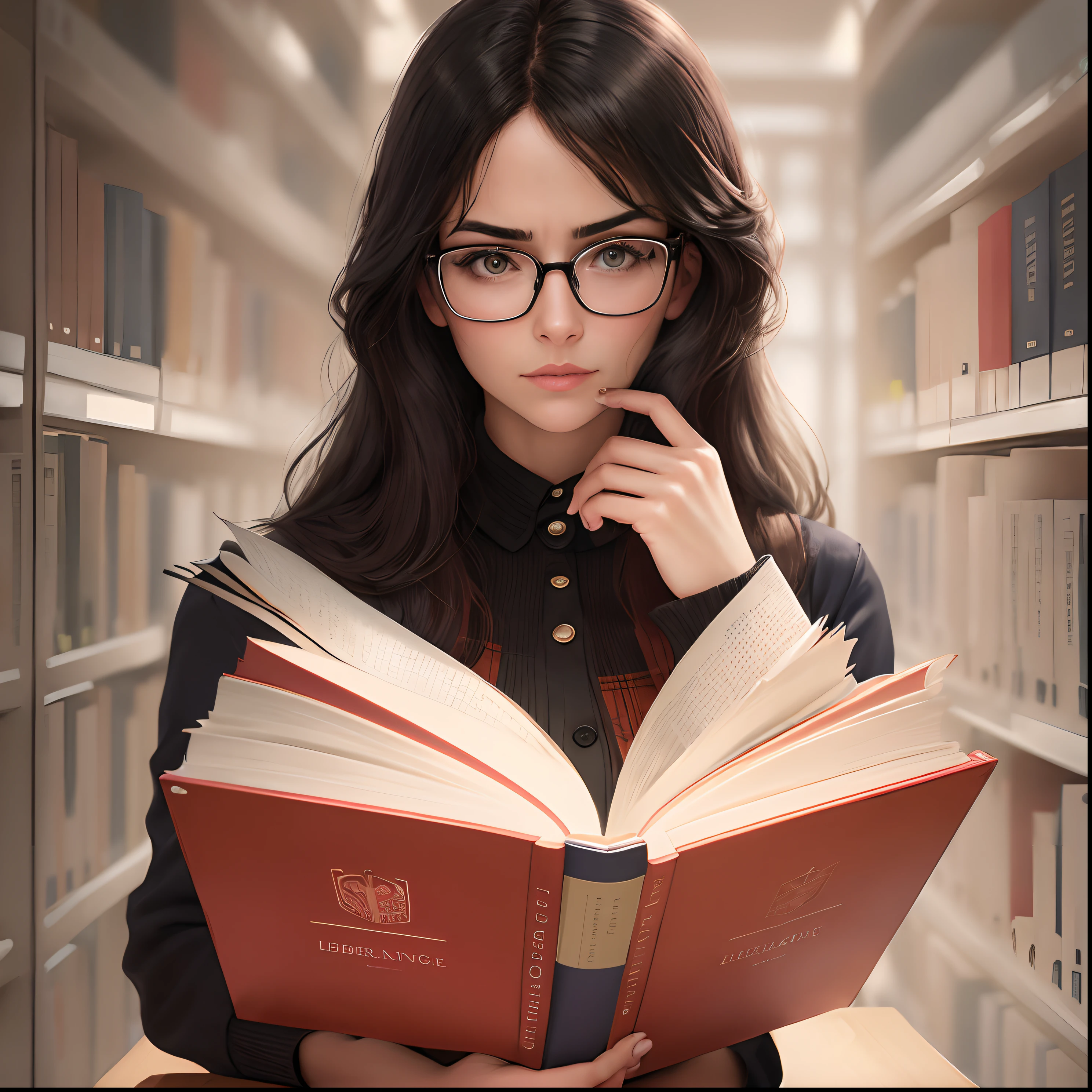 woman wearing glasses reading a book in a library, reading a book, reading new book, book portrait, holding a book, dramatic reading book pose, dramatic reading spell book pose, reading in library, librarian, reading the book about love, girl with glasses, intense knowledge, portrait shot, in a library, the librarian, holding a giant book, holding books, studious