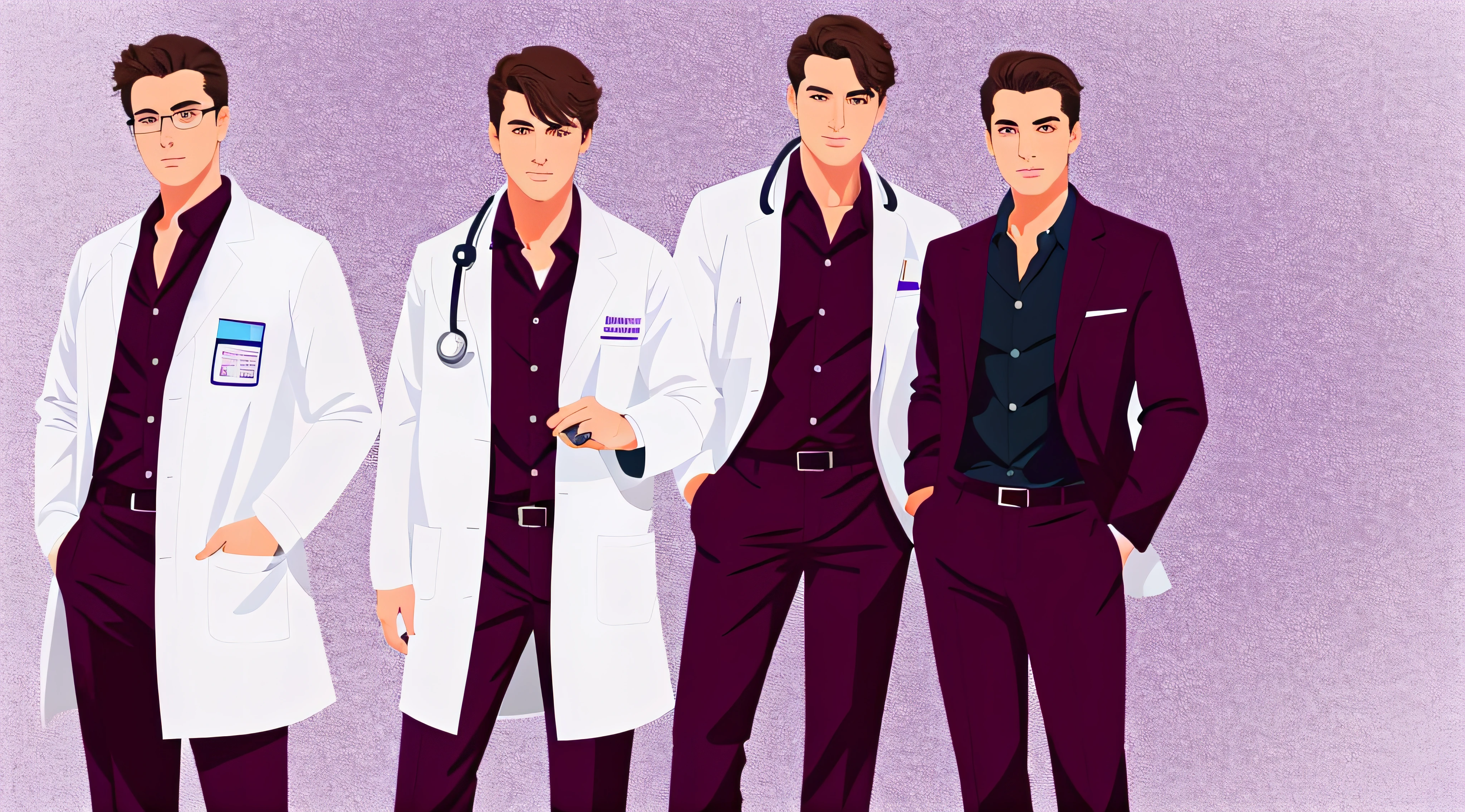 A man in a white lab coat and purple pants held a briefcase, Male physician, medic, foxish guy in a lab coat, medic, (medic), cientista de fantasia masculino magro, flat illustration, vestindo jaleco, usando jaleco, vestido com um velho casaco branco, vestindo um jaleco branco, com jaleco, usando jaleco