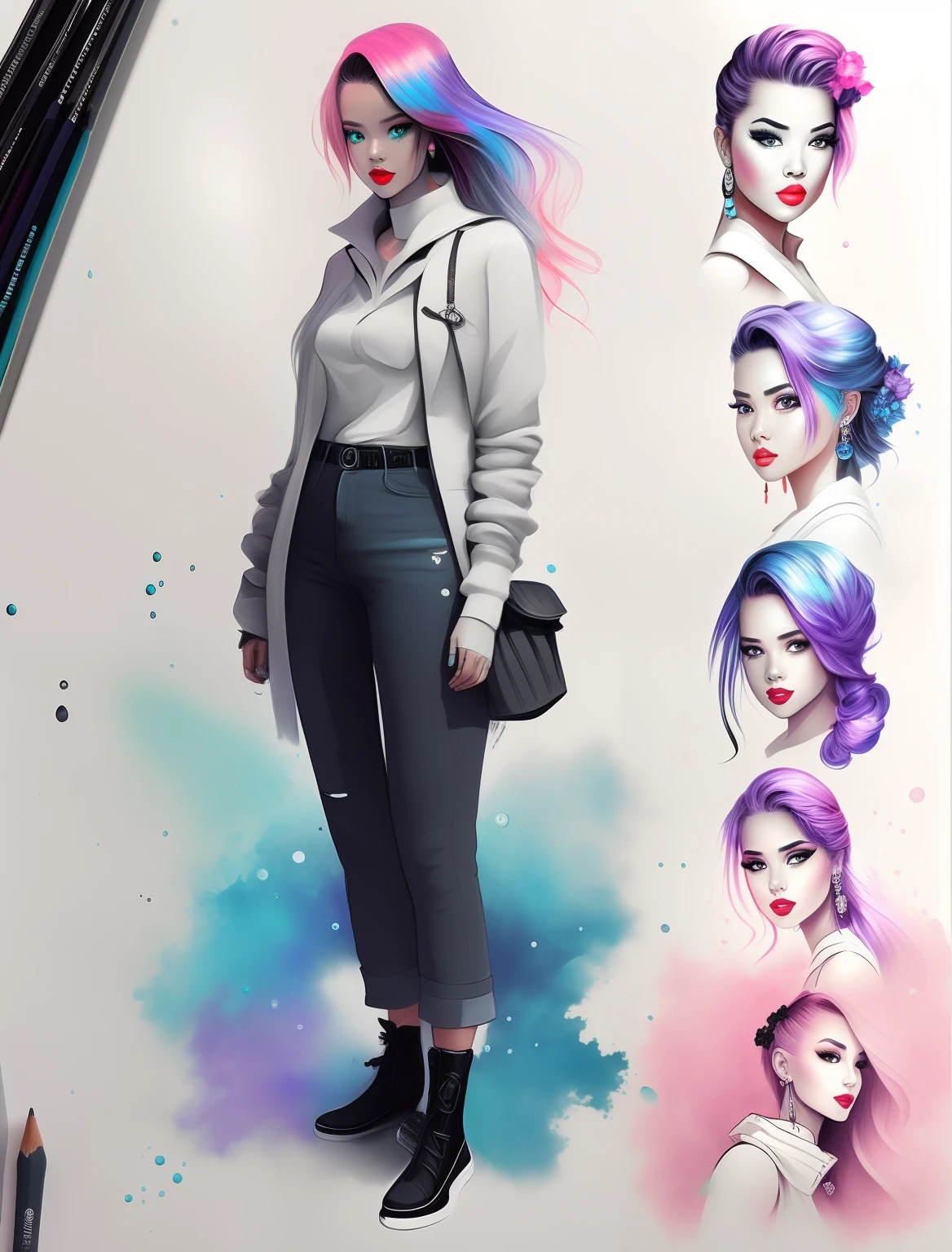 Drawing in black, white and cyan. Splashes, sketchy style