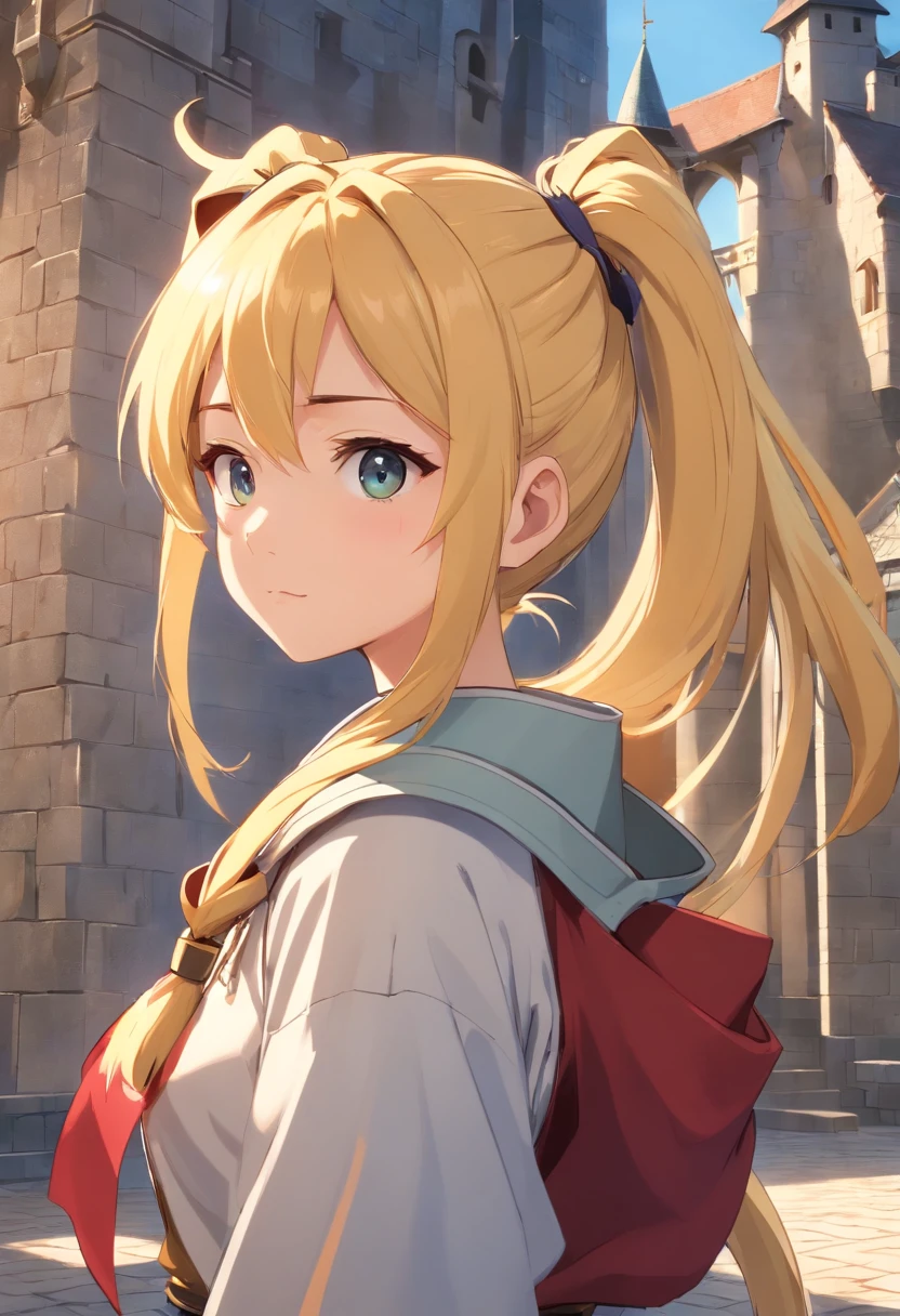 [tmasterpiece，Best quality，cinematic Film still from，HD animation，Realistic style，Amazing，Dark feeling，1 Loli girl with a faint smile，Yellow hair，(Double ponytail hairstyle:1.5)，(small boobs:0.6)，extreme eye detail，extreme hair detail，10years old，Solo，(The upper part of the body:0.8)，(Put on heavy knight armor and cloaks:0.9)::0.8]，[Stand inside a medieval castle in Europe::0.7]