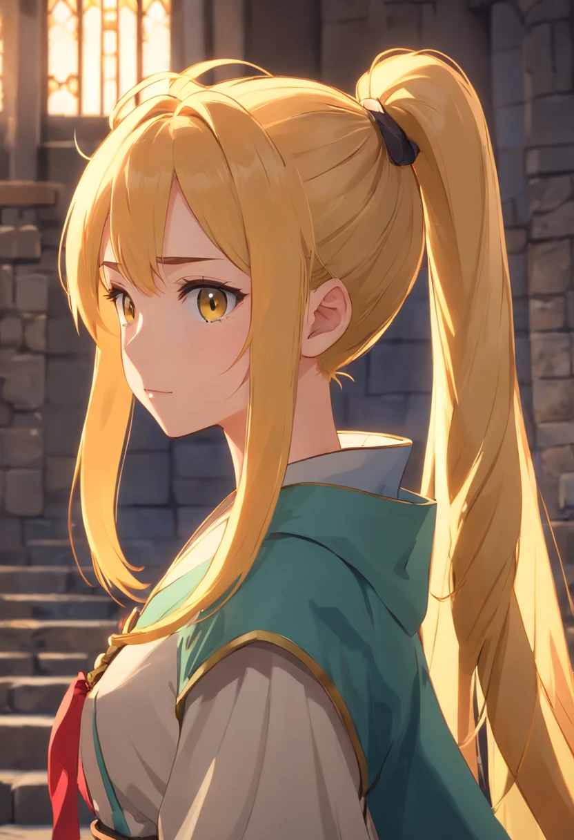 [tmasterpiece，Best quality，cinematic Film still from，HD animation，Realistic style，Amazing，Dark feeling，1 Loli girl with a faint smile，Yellow hair，(Double ponytail hairstyle:1.5)，(small boobs:0.6)，extreme eye detail，extreme hair detail，10years old，Solo，(The upper part of the body:0.8)，(Put on heavy knight armor and cloaks:0.9)::0.8]，[Stand inside a medieval castle in Europe::0.7]