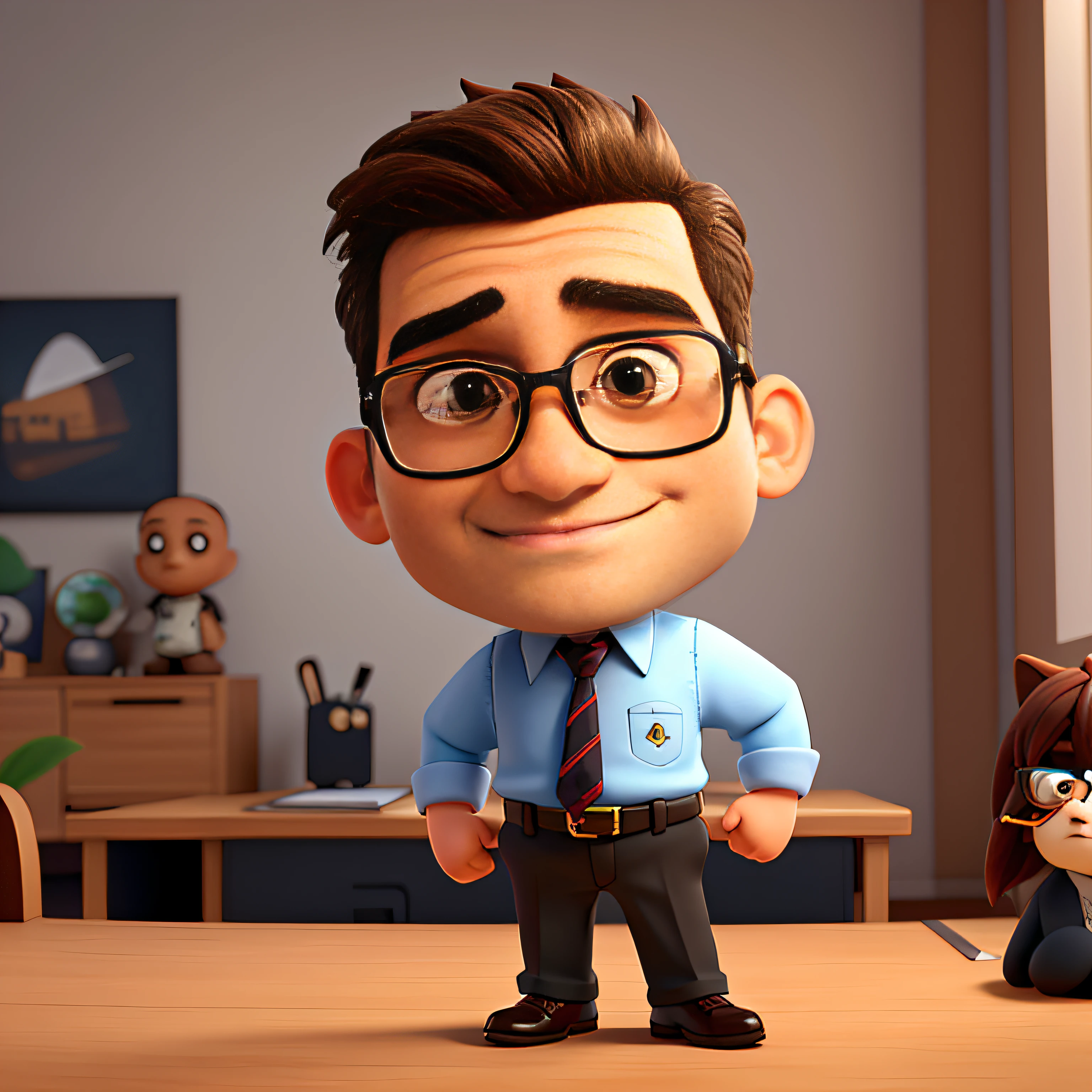 Cute small 38-years-old male investor , huge head, shot Undercut hair , wearing Round gold thin frame glasses, highly detailed eyes,front-facing, fit, looks like a boss, full body view, highly detailed hands ,Toy figures,best quality, 3d cartoon,full body view, fantasy, dreamlike, surrealism, super cute, trending on artstation