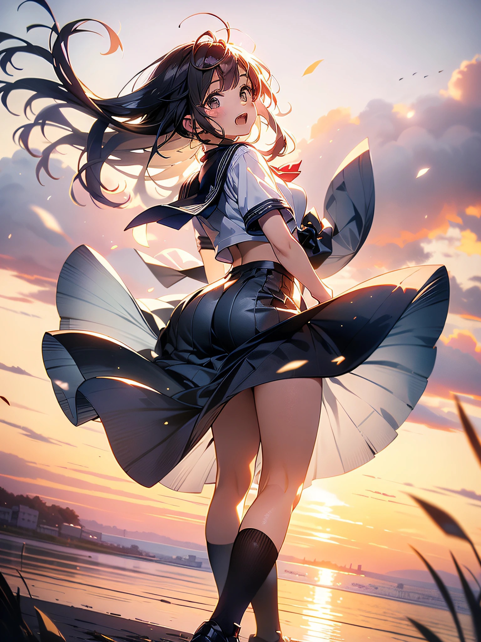 Browsing Caution,(Highest quality, 8k, masterpiece:1.3,beautiful girl), (Very detailed)Glowing Skin,(((Woman 1))),((Short sleeve, cute navy sailor suit, Navy Pleated Skirt, Navy sailor collar, Blue Sailor Scarf, socks, Brown Loafers)), running、Mr..... Turning,(Perfect Anatomy, Anatomically correct, Very detailed肌),((Golden Eyes)),((Perfect Fingers,Five Fingers)),((Black Hair,Bobcut,)),Natural Makeup,Smile in full bloom、Rear View、cheeks turn a little red,Seaside、Hair blowing in the wind、While stroking my hair,Smiling with teeth showing