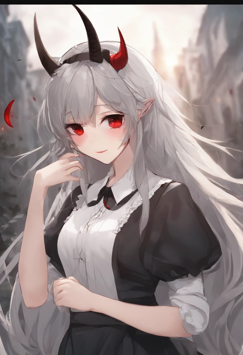 Dull hair, Gray hair,Red Eyes,Long whit hair,demonic horns,Broken maid clothes,Girl body type,Very cute,There are tears in the eyes,Behind it are the Devil's Wings,There was a little blood on his body,8K,Hands are not missing,Look into the camera,Empty eyes,Dynamic,destroyed city background