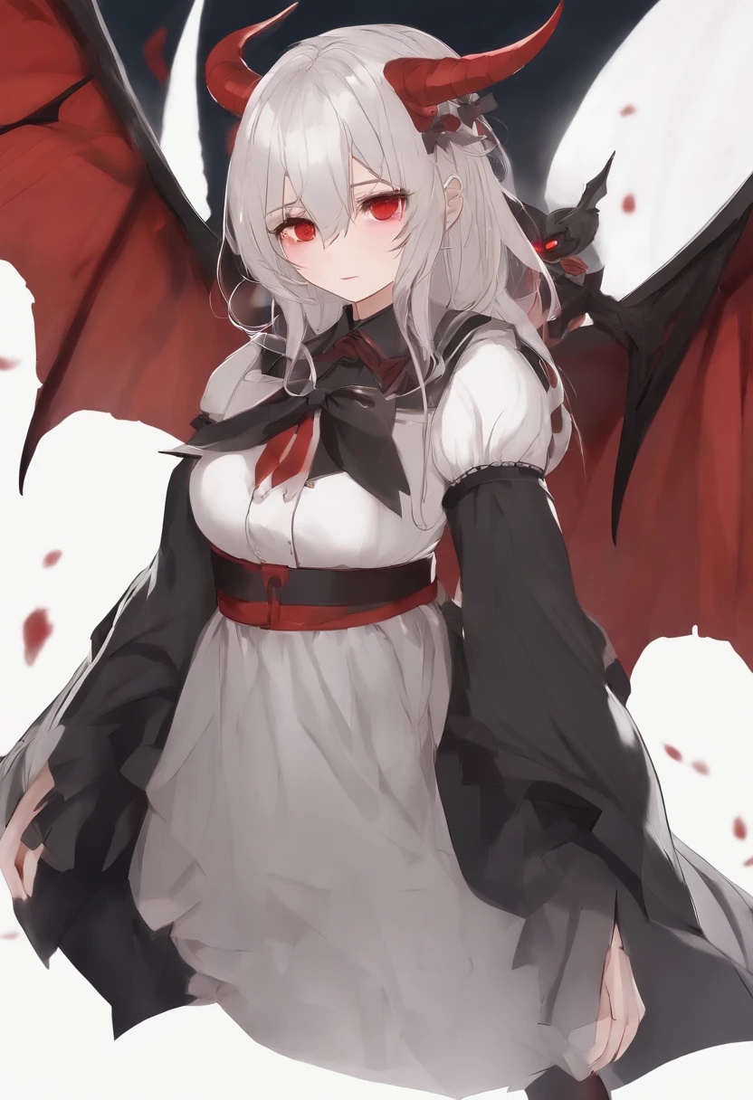 Dull hair, Gray hair,Red Eyes,Long whit hair,demonic horns,Broken maid clothes,Girl body type,Very cute,There are tears in the eyes,Behind it are the Devil's Wings,There was a little blood on his body,8K,Hands are not missing,Look into the camera,Empty eyes,Dynamic,destroyed city background