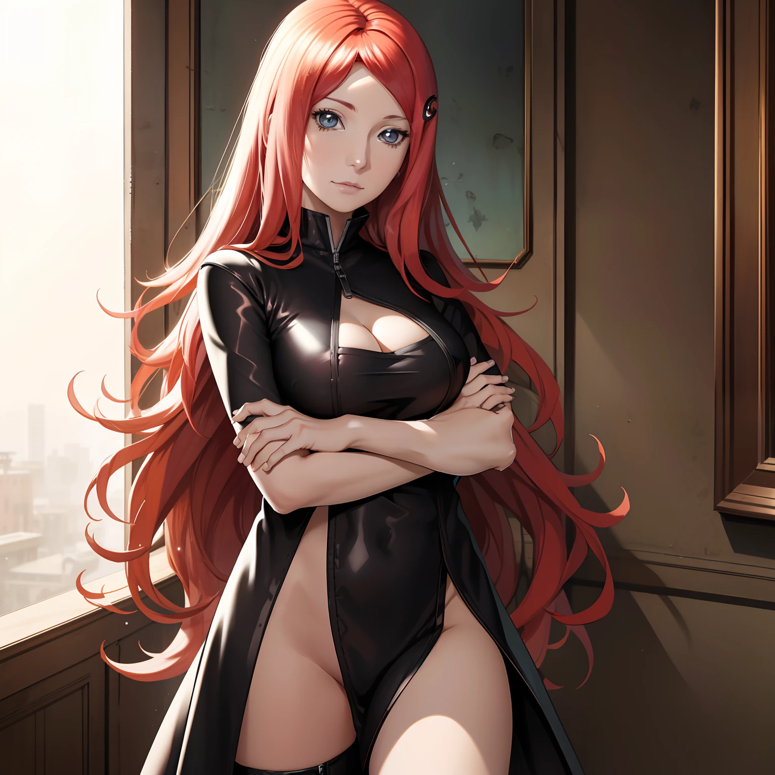 Kushina Uzumaki, aura dominante, she holds a glass of wine, His gaze is penetrating and dominant, ela veste um vestido curto preto de couro, She's wearing a black leather boot., seu sorriso sadico e dominante, She's standing, She's without panties ((NSFW))