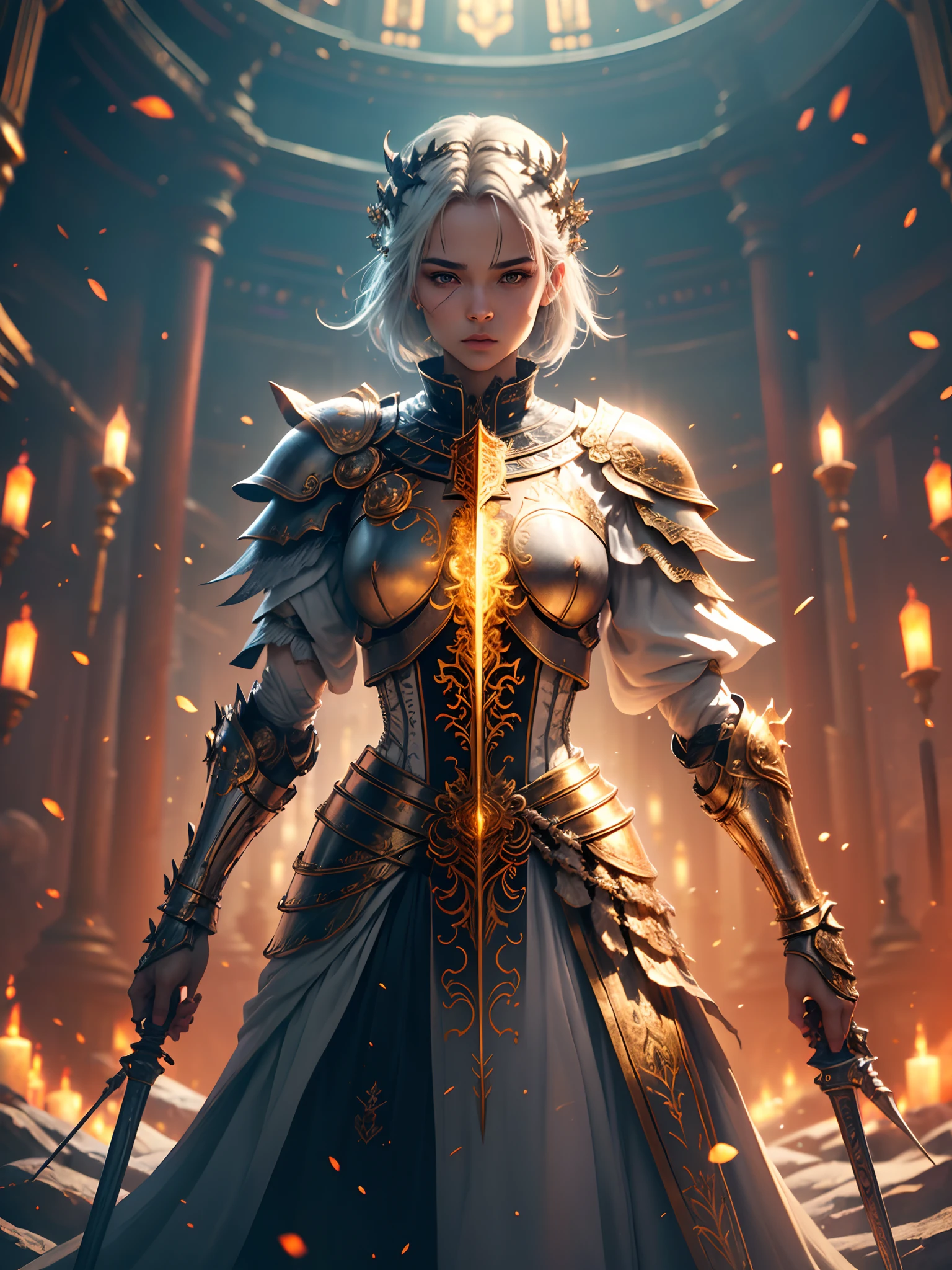 skeleton knight, greatsword, master piece, full body, best quality, realistic epic, (black_marbled), (Blackwing: 1.3), intricate details, intricate patterns, golden powder, floating (golden cloth), detailed texture, glass broken, Divine Light, (((raven)), Golden Rose, gold foil, motion blur, depth of field, hologram, (medium breasts: 1.3), (realism:1.5), (Realisitc:1.4), ( Absurdity:1.4), 8k, ultra-detailed, Beautiful girl detailed, (only 1:1.4), 1girl, (Viewer facing:1.2), (Bright sunny day: 1.5), Intricate body details, (short:1.3 ), (best quality: 1.0), (Ultra Highres) : 1.0), highly detailed face and eyes, (photorealistic: 1.2)