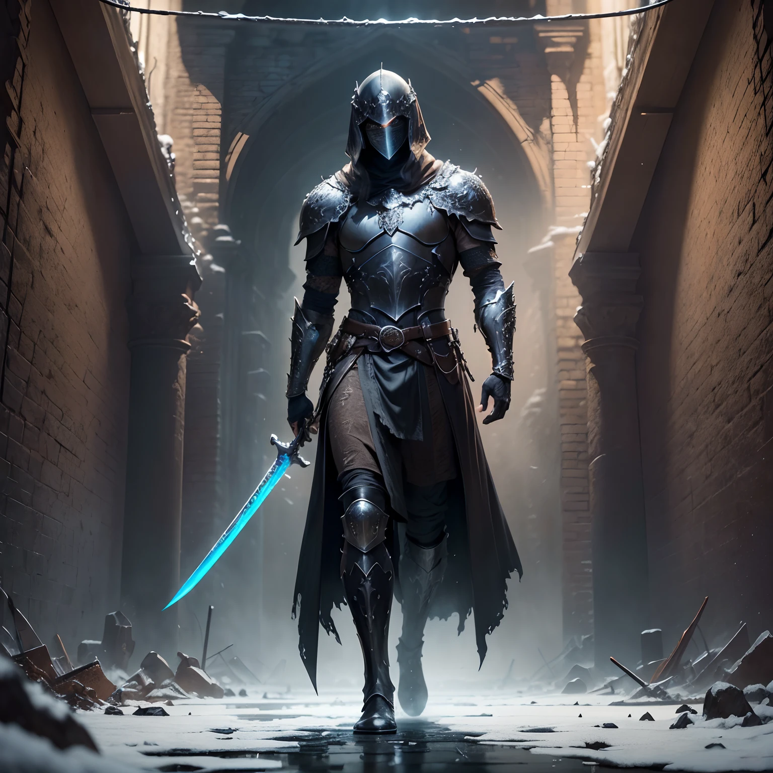 (Numerous award-winning masterpieces, with incredible detail, textures and maximum detail), (hyper realistic:1.4), (realistic:1.3), (best quality real texture skin), (finely detailed true circle eyes), (finely Detailed and beautiful face:1.6), ((medieval world)), dark black leather face mask, (knight in jet black), Delicately decorated, (dark black full-body armor with delicate ornamentation), (The armor is scarred but delicately decorated:1.5), Not wearing a helmet, (Full-length portrait:1.6), ((looks up)), ((looking down)), (full-body standing image:1.8), (Gripping the hilt of an elaborately decorated black long sword that glows with a monstrous light:1.7), (dramatic pose), (flamboyant pose), (beautiful pose), beautiful white hair, beautiful silver hair, beautiful blonde hair ,black web robe, spiders on armor, Strong Warrior, Agile Warrior, fantasy, ((dramatic photo)), ((dynamic photo)), full body view, highly detailed, ultra-realistic, intricate details, painting (artwork), ((masterpiece,best quality)), ((cinematic light)), hyper realistic, fearsome, dark fantasy , detailed armor, detailed helmet, epic realistic, faded, ((neutral colors)), art, (hdr:1.5), (muted colors:1.2), hyper detailed, (art station:1.5), cinematic, warm lights, light effect, dramatic light, (intricate details:1.1), complex background, (Greg rutkowski:0.8), (teal and orange:0.4), (Swirling flames), (Swirling lightning), (swirling ice and snow), Old ruins infested with plants, Ruins of an old castle, in the dungeon, Ruins of an ancient castle, Abandoned mine, Deserted ruins, crumbling ruins, Ruins with clear puddles, twilight, sunset, dusk, ripple on water, running water, Battlefield, bio luminescence,