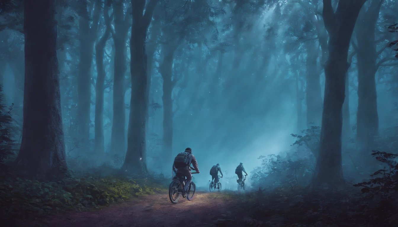 ((obra-prima)), ((melhor qualidade)), A digital illustration depicting a group of 5 young men on their bikes pedaling through a mysterious forest, in the nighttime, em busca de aventura. O alto, shady trees create an intriguing atmosphere, while the light from the flashlights attached to the bikes casts mysterious shadows. A glowing dimensional portal appears among the trees, suggesting a parallel world full of mysteries and dangers. The scene is shrouded in shades of blue and purple, conveying the sense of suspense and wonder that permeates the series. Every detail of the illustration is carefully represented, From the anxious expressions of the children to the smallest details of the enchanted forest. This digital illustration is a true work-πrima, capturing the essence of adventure and the unknown in a captivating and enchanting way.