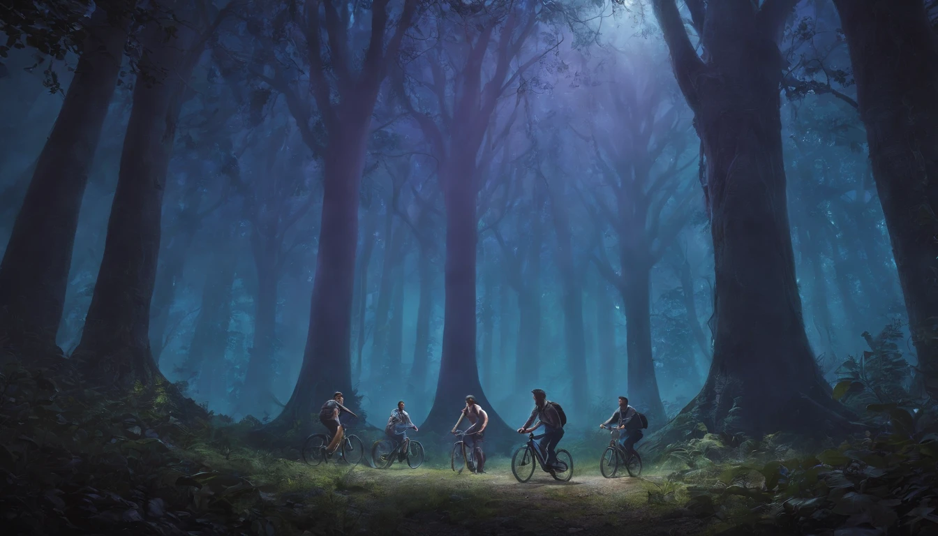 ((obra-prima)), ((melhor qualidade)), A digital illustration depicting a group of 5 young men on their bikes pedaling through a mysterious forest, in the nighttime, em busca de aventura. O alto, shady trees create an intriguing atmosphere, while the light from the flashlights attached to the bikes casts mysterious shadows. A glowing dimensional portal appears among the trees, suggesting a parallel world full of mysteries and dangers. The scene is shrouded in shades of blue and purple, conveying the sense of suspense and wonder that permeates the series. Every detail of the illustration is carefully represented, From the anxious expressions of the children to the smallest details of the enchanted forest. This digital illustration is a true work-πrima, capturing the essence of adventure and the unknown in a captivating and enchanting way.