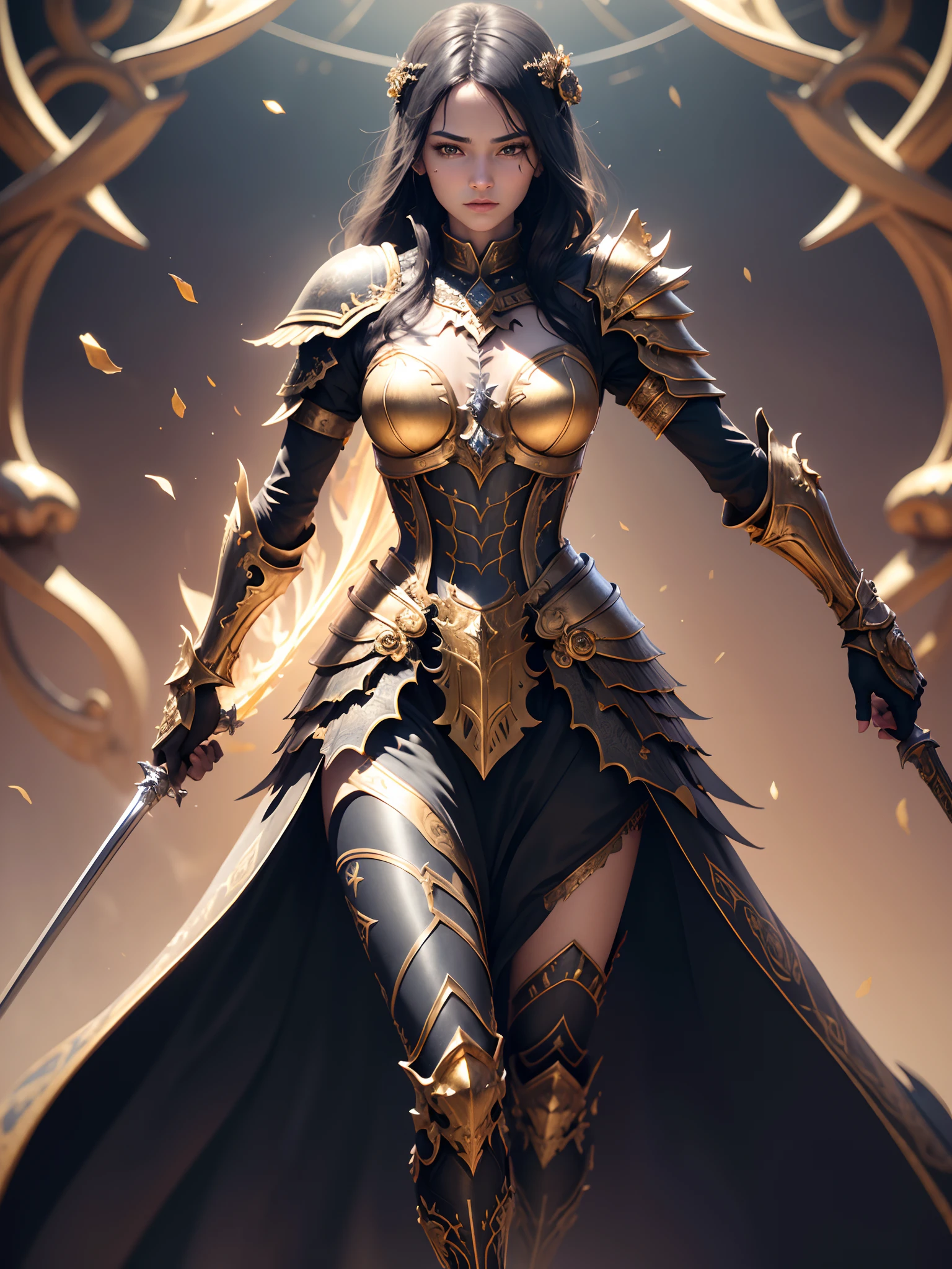 skeleton knight, greatsword, master piece, full body, best quality, realistic epic, (black_marbled), (Blackwing: 1.3), intricate details, intricate patterns, golden powder, floating (golden cloth), detailed texture, glass broken, Divine Light, (((raven)), Golden Rose, gold foil, motion blur, depth of field, hologram, (medium breasts: 1.3), (realism:1.5), (Realisitc:1.4), ( Absurdity:1.4), 8k, ultra-detailed, Beautiful girl detailed, (only 1:1.4), 1girl, (Viewer facing:1.2), (Bright sunny day: 1.5), Intricate body details, (short:1.3 ), (best quality: 1.0), (Ultra Highres) : 1.0), highly detailed face and eyes, (photorealistic: 1.2)