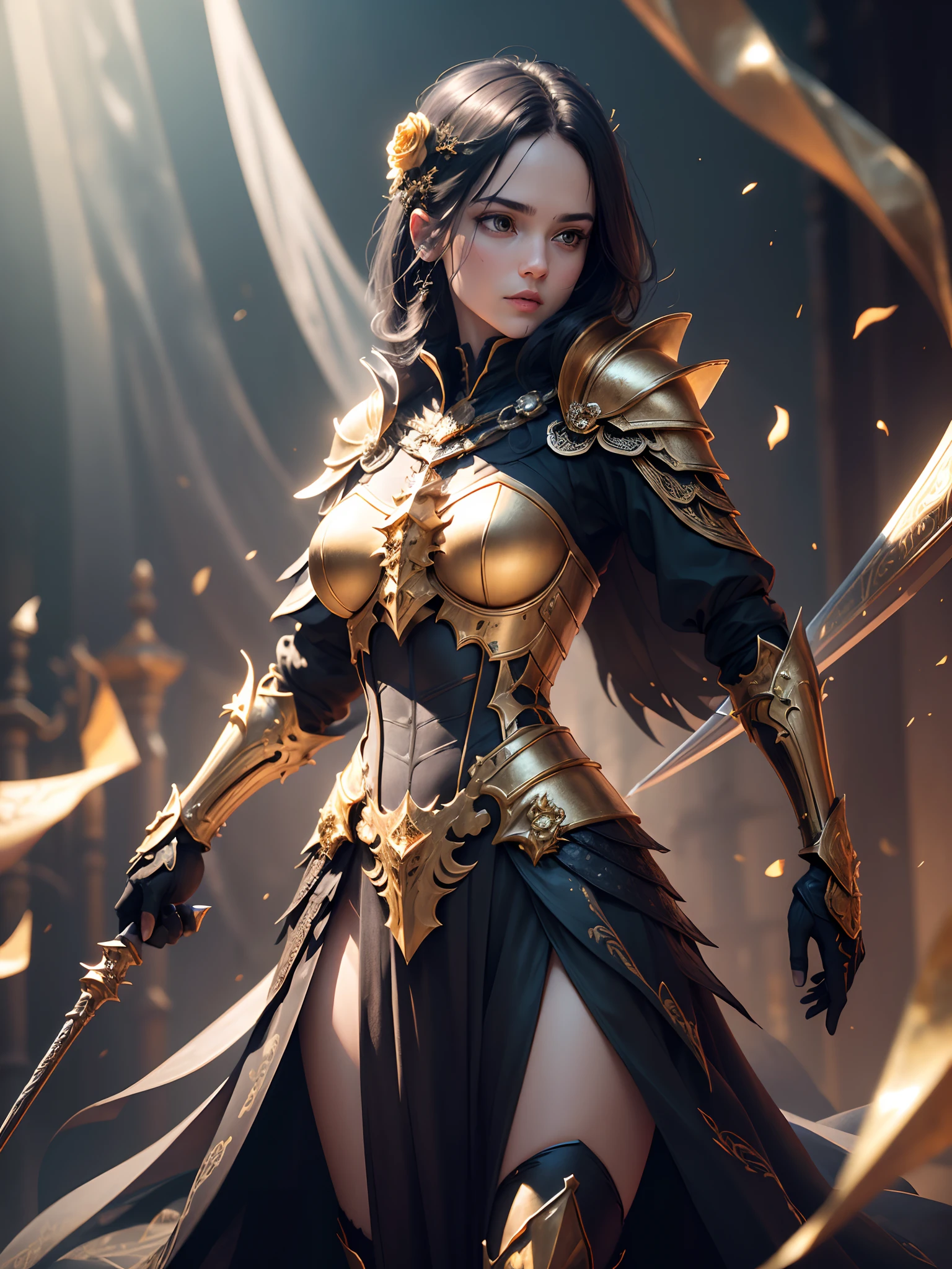 skeleton knight, greatsword, master piece, full body, best quality, realistic epic, (black_marbled), (Blackwing: 1.3), intricate details, intricate patterns, golden powder, floating (golden cloth), detailed texture, glass broken, Divine Light, (((raven)), Golden Rose, gold foil, motion blur, depth of field, hologram, (medium breasts: 1.3), (realism:1.5), (Realisitc:1.4), ( Absurdity:1.4), 8k, ultra-detailed, Beautiful girl detailed, (only 1:1.4), 1girl, (Viewer facing:1.2), (Bright sunny day: 1.5), Intricate body details, (short:1.3 ), (best quality: 1.0), (Ultra Highres) : 1.0), highly detailed face and eyes, (photorealistic: 1.2)