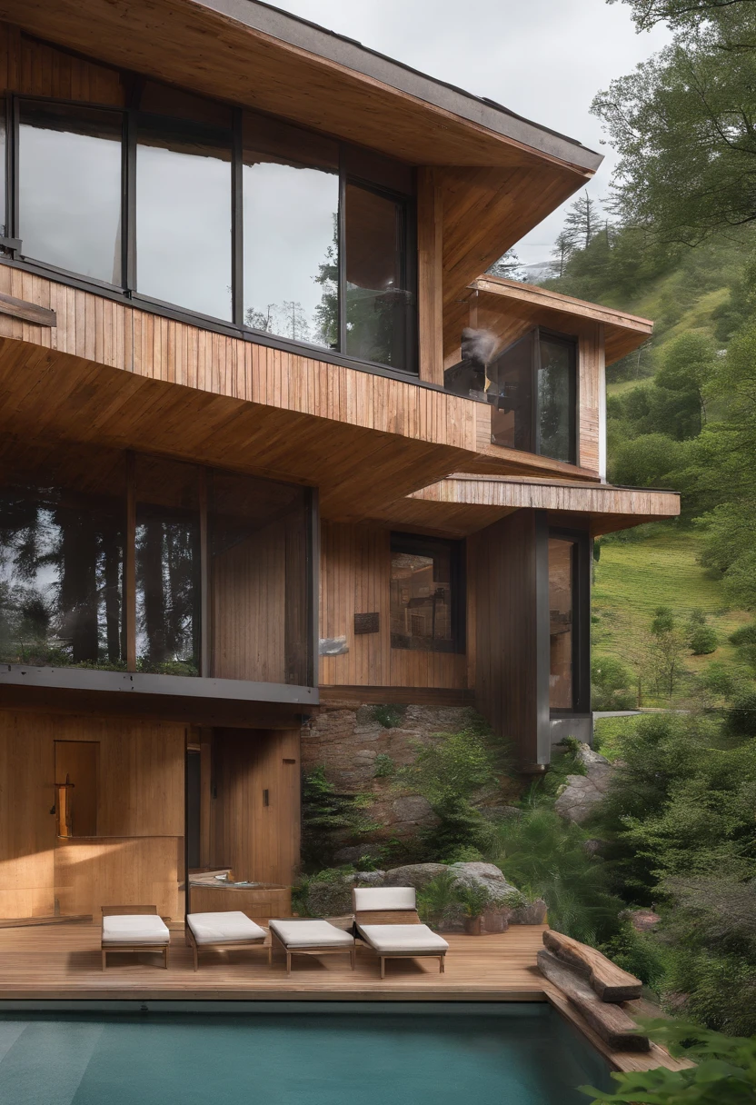 A rustic home nestled in the mountains, built with walls of unprocessed tree logs and a roof of clay tiles. The house exudes a deep connection with the surrounding nature. Wooden logs display natural textures, and climbing plants gently hug the walls. The setting is a mountainous landscape, with ancient trees and a babbling brook. Artistic photography, capturing the harmony between the house and its surroundings, using a wide-angle lens to encompass the entire scene