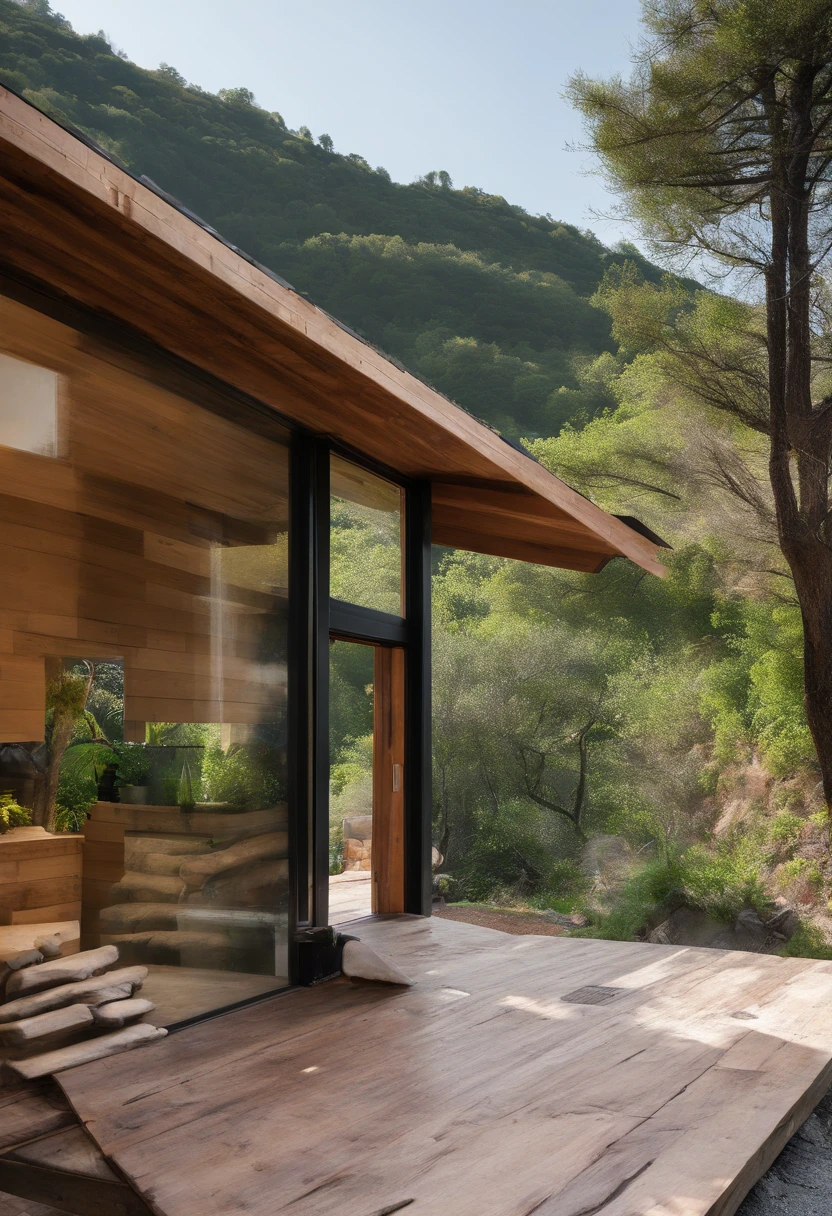 A rustic home nestled in the mountains, built with walls of unprocessed tree logs and a roof of clay tiles. The house exudes a deep connection with the surrounding nature. Wooden logs display natural textures, and climbing plants gently hug the walls. The setting is a mountainous landscape, with ancient trees and a babbling brook. Artistic photography, capturing the harmony between the house and its surroundings, using a wide-angle lens to encompass the entire scene
