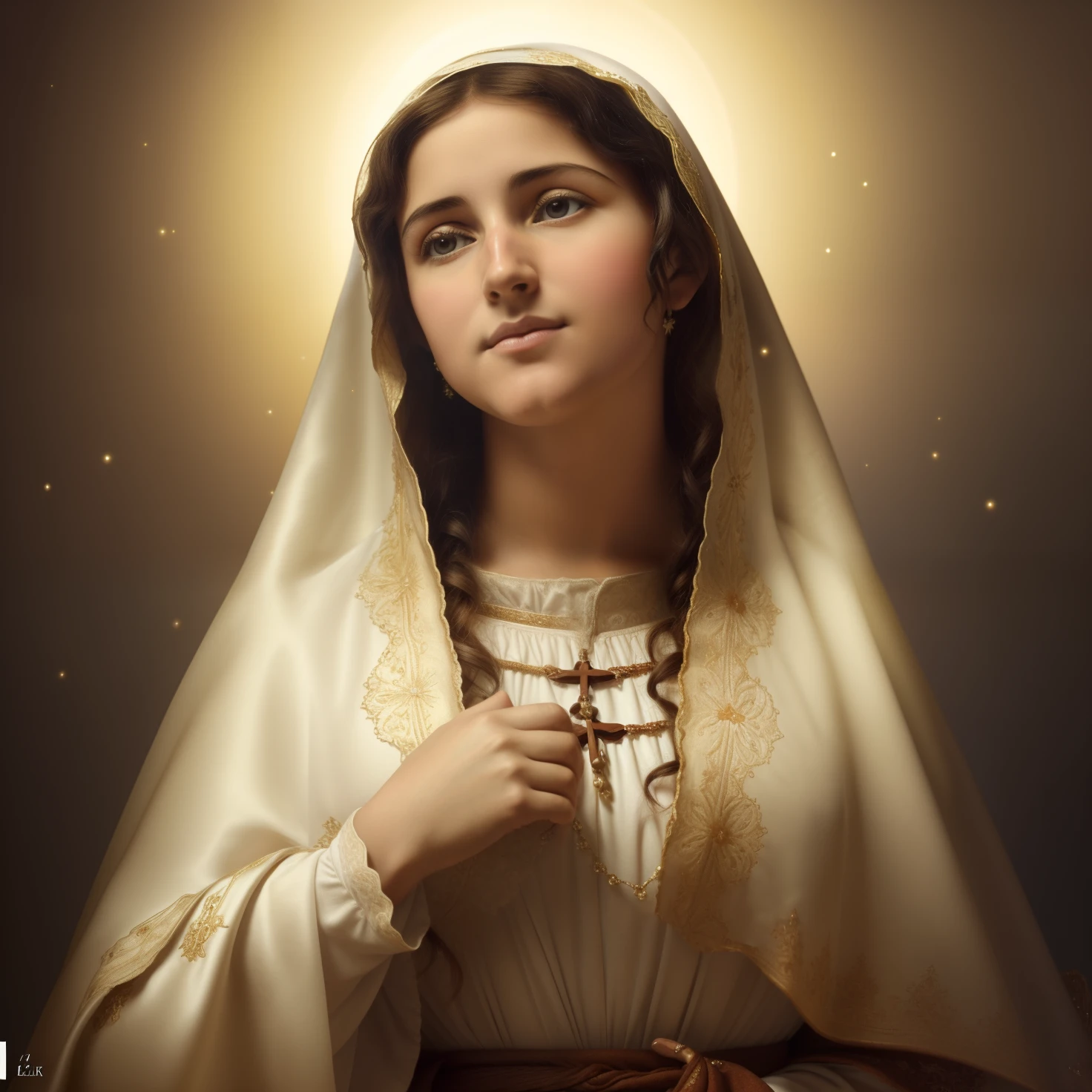 (((Blessed Virgin Mary of Mount Carmel))) Luminoso, en estilo similar al del artista WILLIAM ADOLPHE BOUGUEREAU, obra maestra, (La mejor calidad: 1.2), (super fine: 1.2), illustration, (extremadamente delicado y hermoso: 1.2), movie angle, flotante, (Hermoso ojo de detalle: 1.1), (detalle luz: 1.1), Movie Lights, Cielo delicado, ojos azules, (Cola de caballo alta: 1.1), capa, ojuelos, cielo estrellado, (light particles: 1.1) dibujo, flor. (obra maestra), (La mejor calidad), (fotorrealista:1.3), 8k, Textura detallada de la piel, Textura detallada de la tela, hermosa cara detallada, Detalles intrincados, ultra detallado (cuerpo de cuerpo entero:1.2)